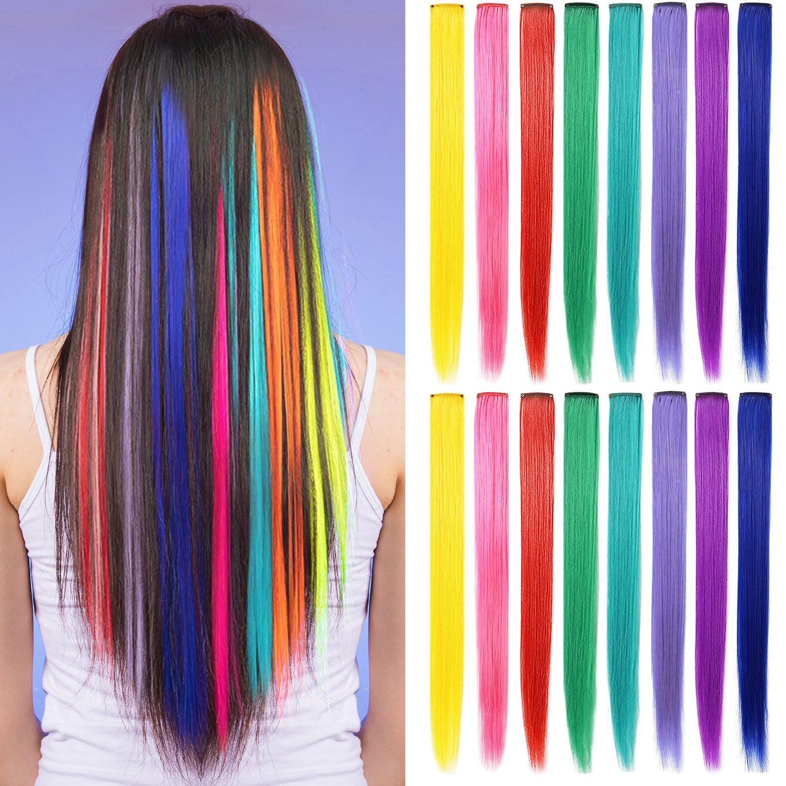 SARARHY 16PCS Fashion Hair Accessories Clip in/On Rainbow Wig Pieces for Amercian Girls and Teens Colored Hair Extension Party H