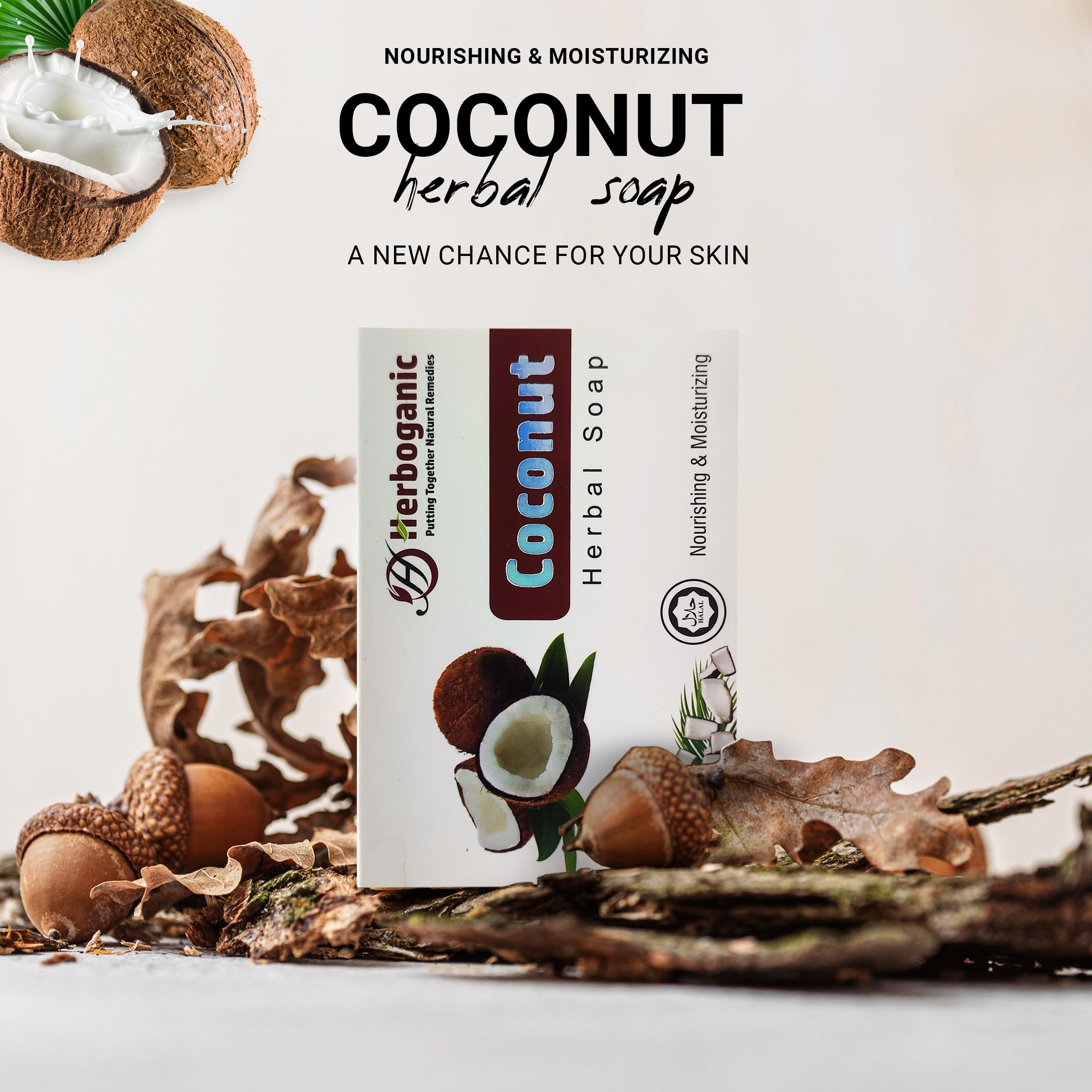 HERBOGANIC Coconut Herbal Soap | Pack of 3 of 5oz soap Bar | Natural Bar Soap for Face and Body | Hydrating and Nourishing | Sui
