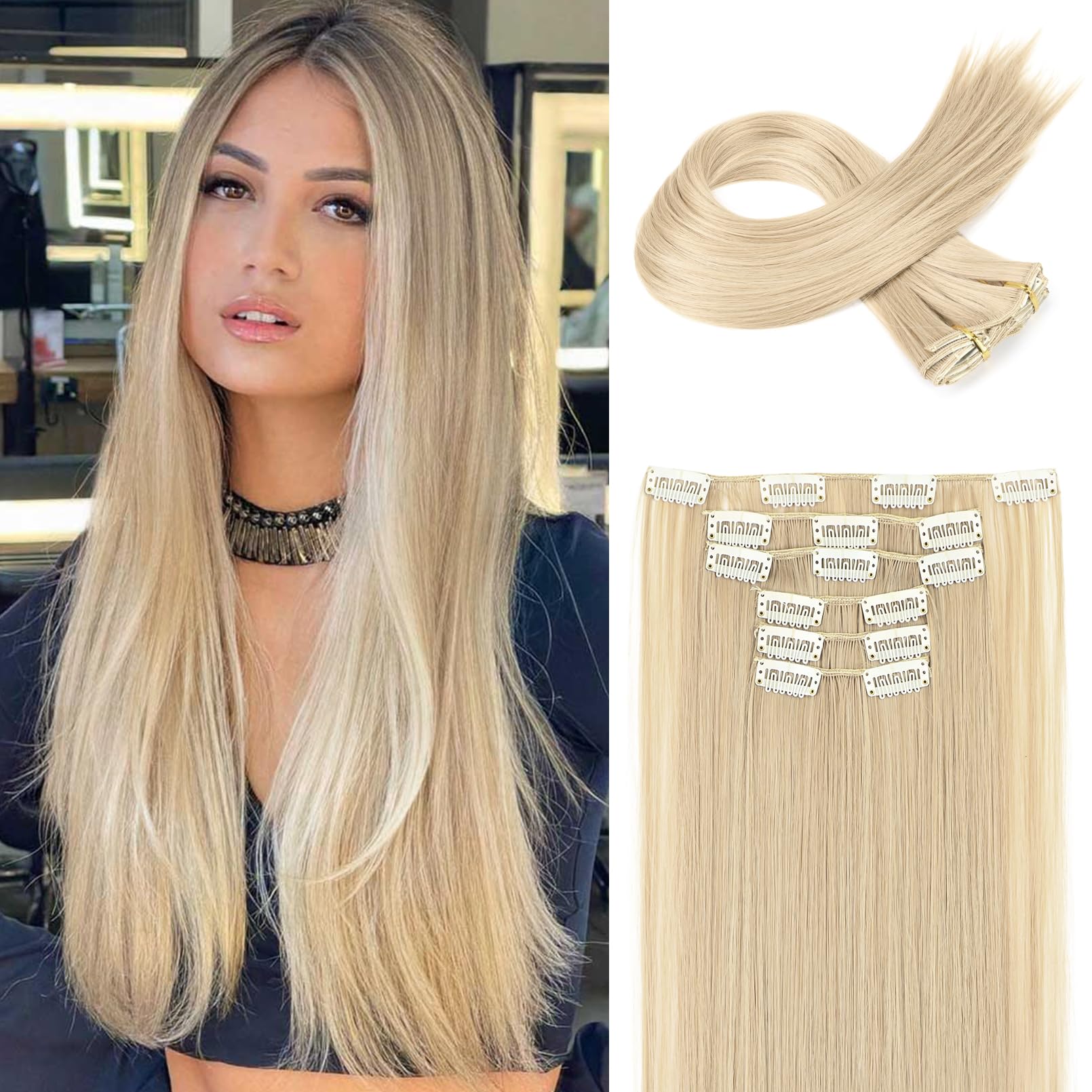 FLUFYMOOZ 6PC Clip in Hair Extensions 24'' Straight Long Extensions for Women Synthetic Hairpiece (Ash Blonde)