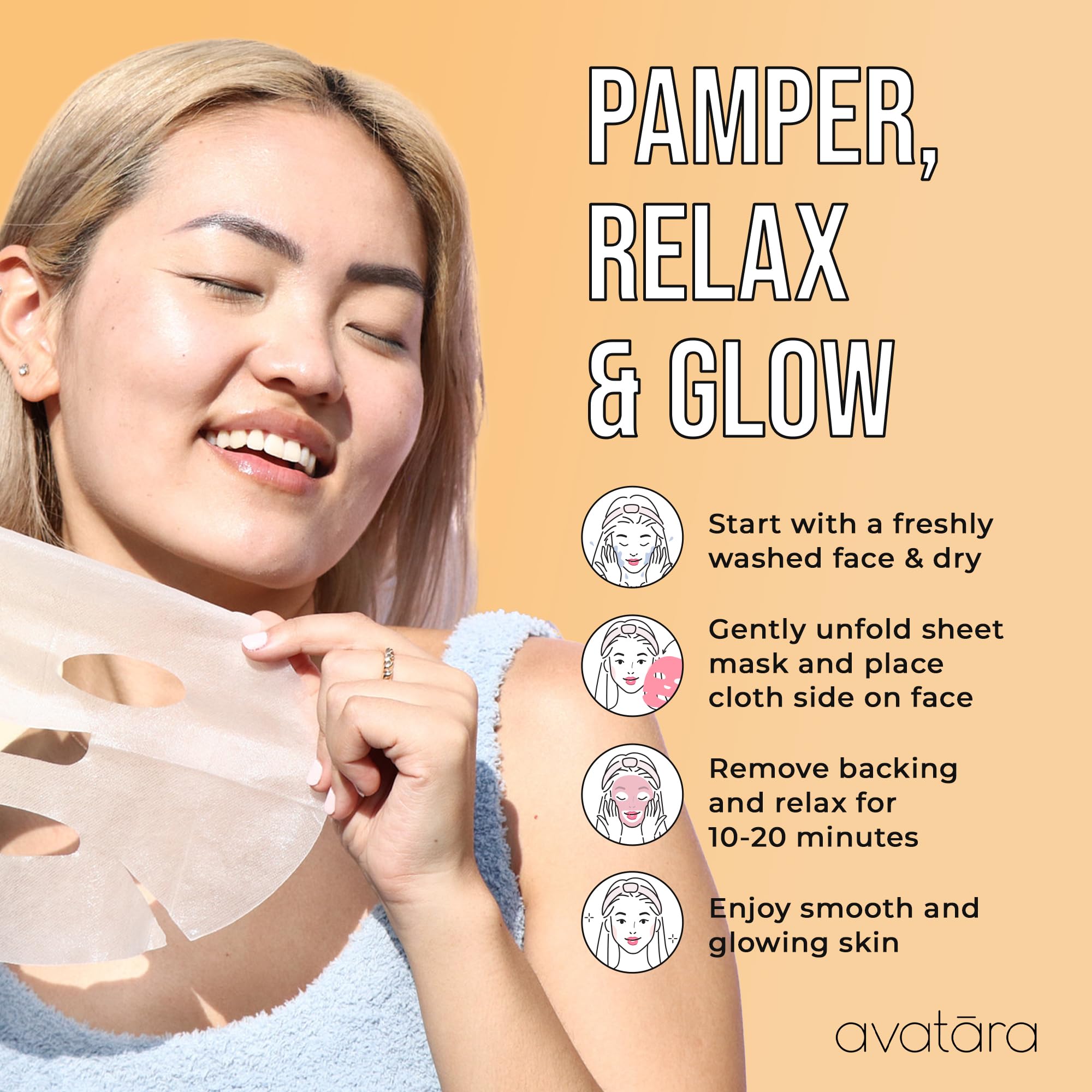 Avatara Juicy Peach Brightening Facial Mask 5 Sheets, Beauty And Skincare Sheet Masks With Peach Extracts, Hyaluronic Acid And C