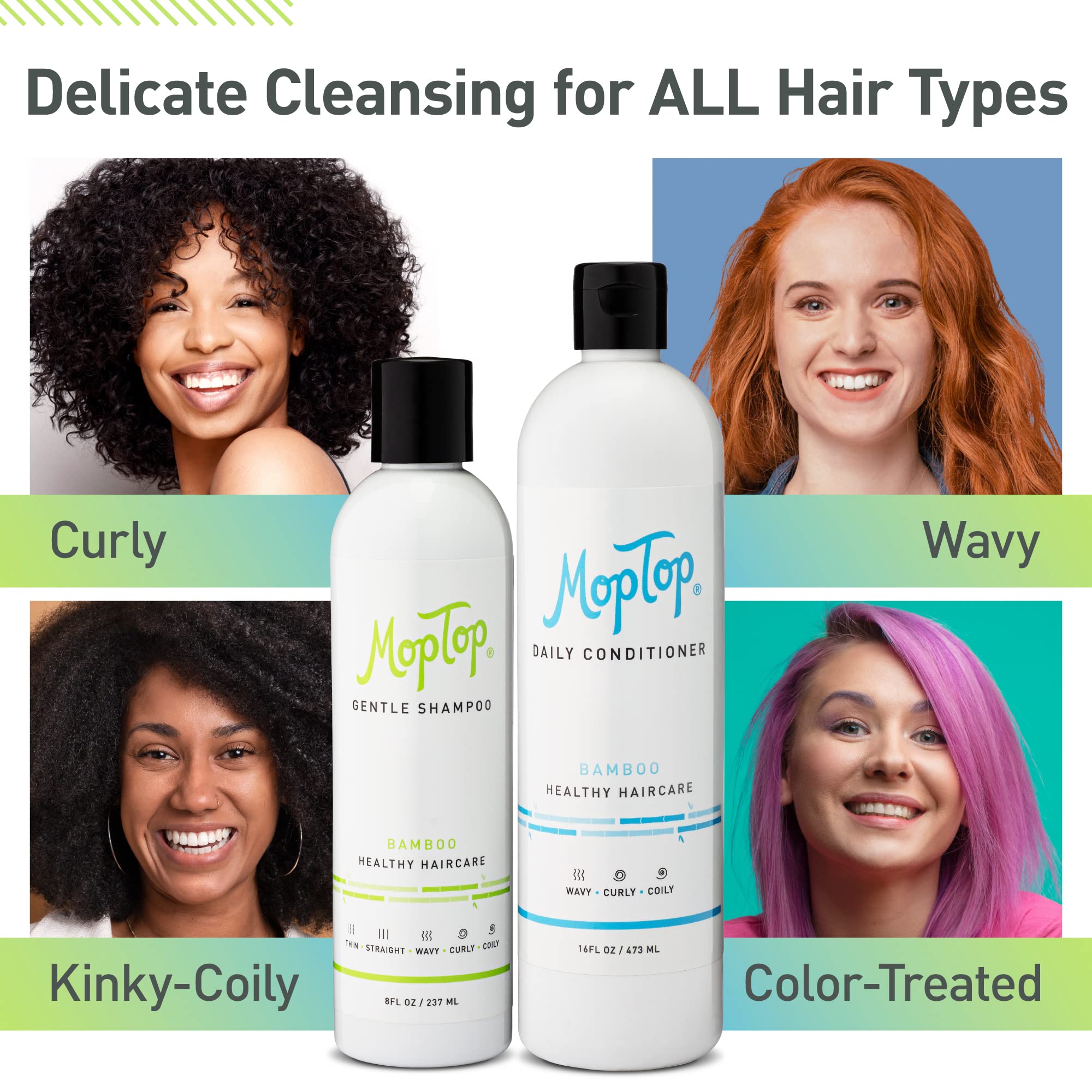 MopTop Gentle Shampoo (8oz) + Daily Conditioner (16oz) for Wavy, Curly, and Coily Hair, Color Safe, Moisturizing Hair Care Set