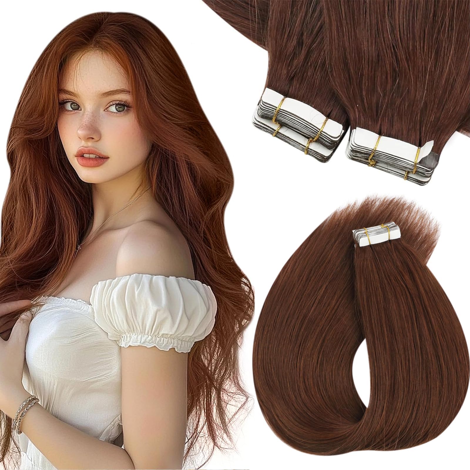Sunny Hair Tape in Hair Extensions Real Human Hair Invisible Remy Hair Extensions Tape ins for Women Auburn Brown 14 inch 20Pcs 