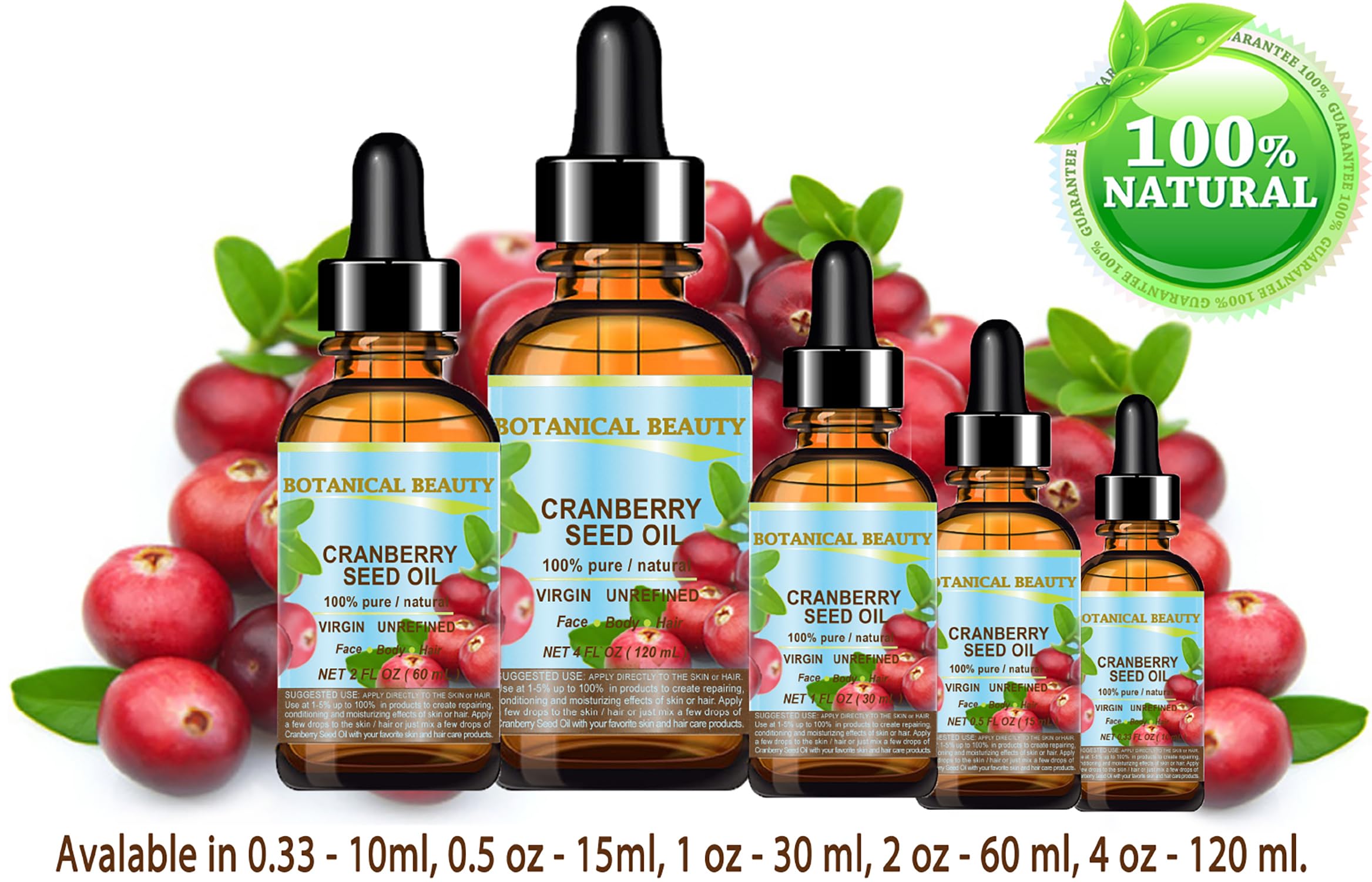 Cranberry Seed Oil 100% Pure/Natural. Cold Pressed/Undiluted. For Face, Hair And Body. 0.33 Fl.Oz.- 10 Ml. By Botanical Beauty