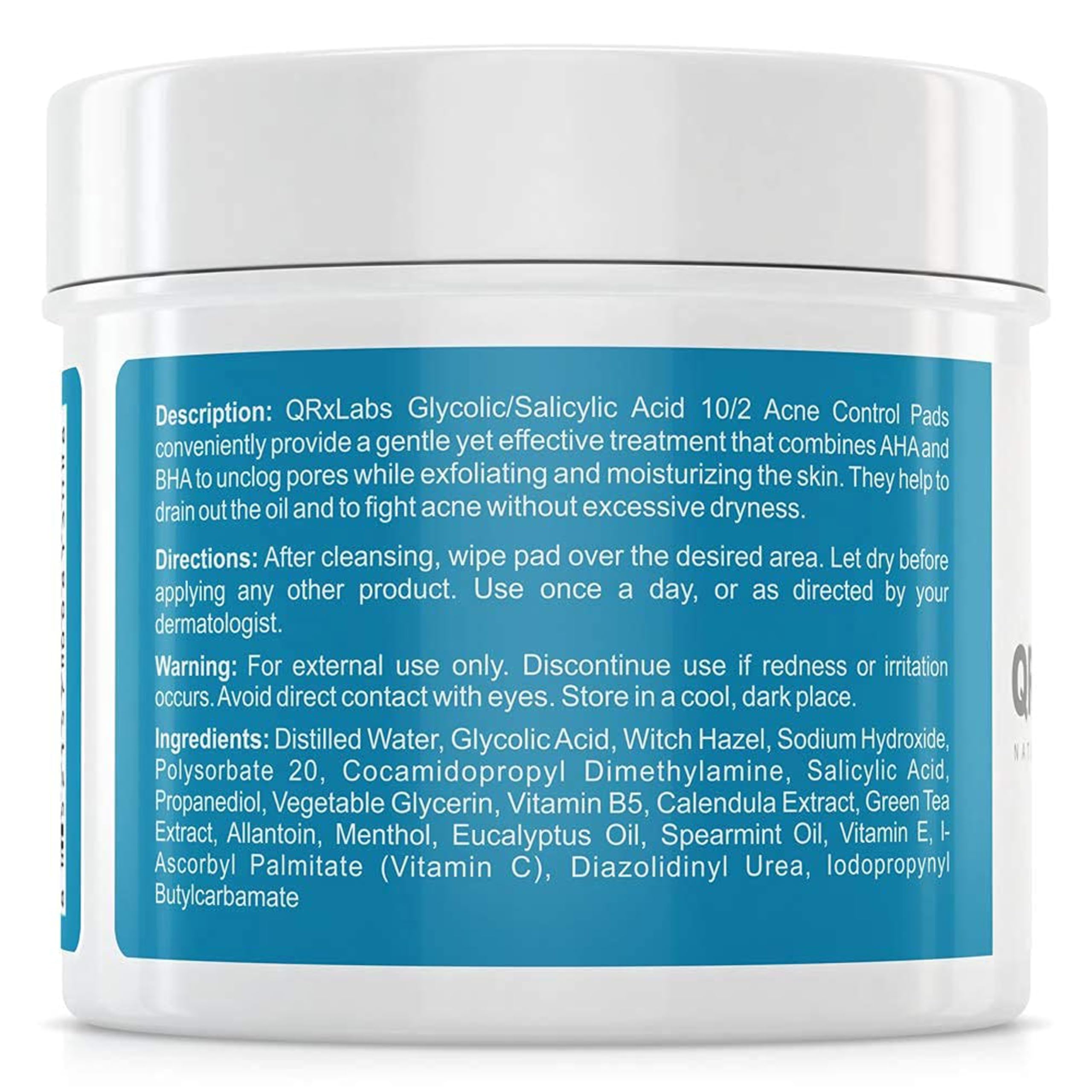 QRxLabs Glycolic + Salicylic Acid Acne Control Pads, 10% Glycolic & 2% Salicylic, 50 Count - Clear Skin Treatment