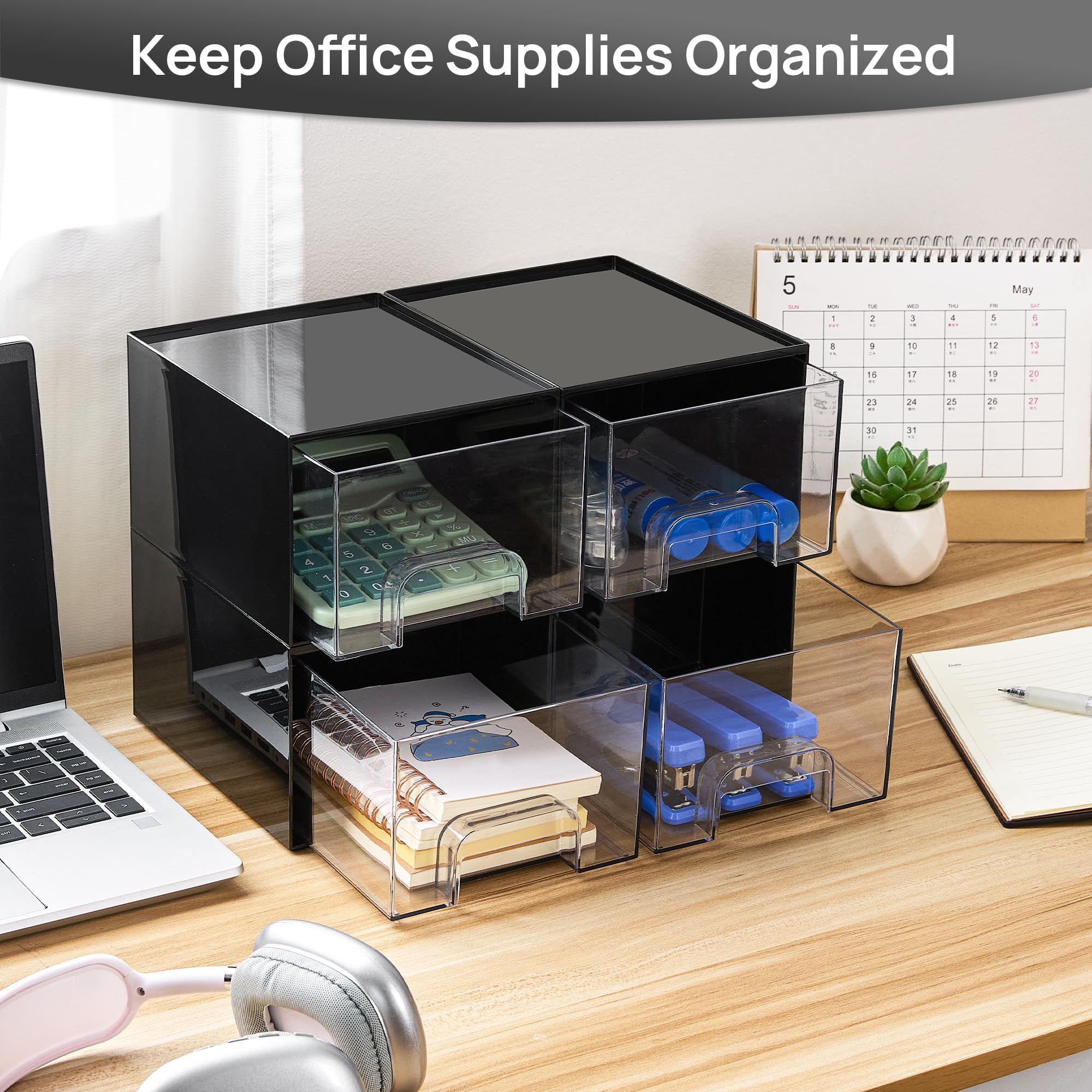 Vtopmart Black Small Stackable Storage Drawers, Cologne Organizer for Men,Plastic Containers for Vanity, Dresser,Office Desk,Bat