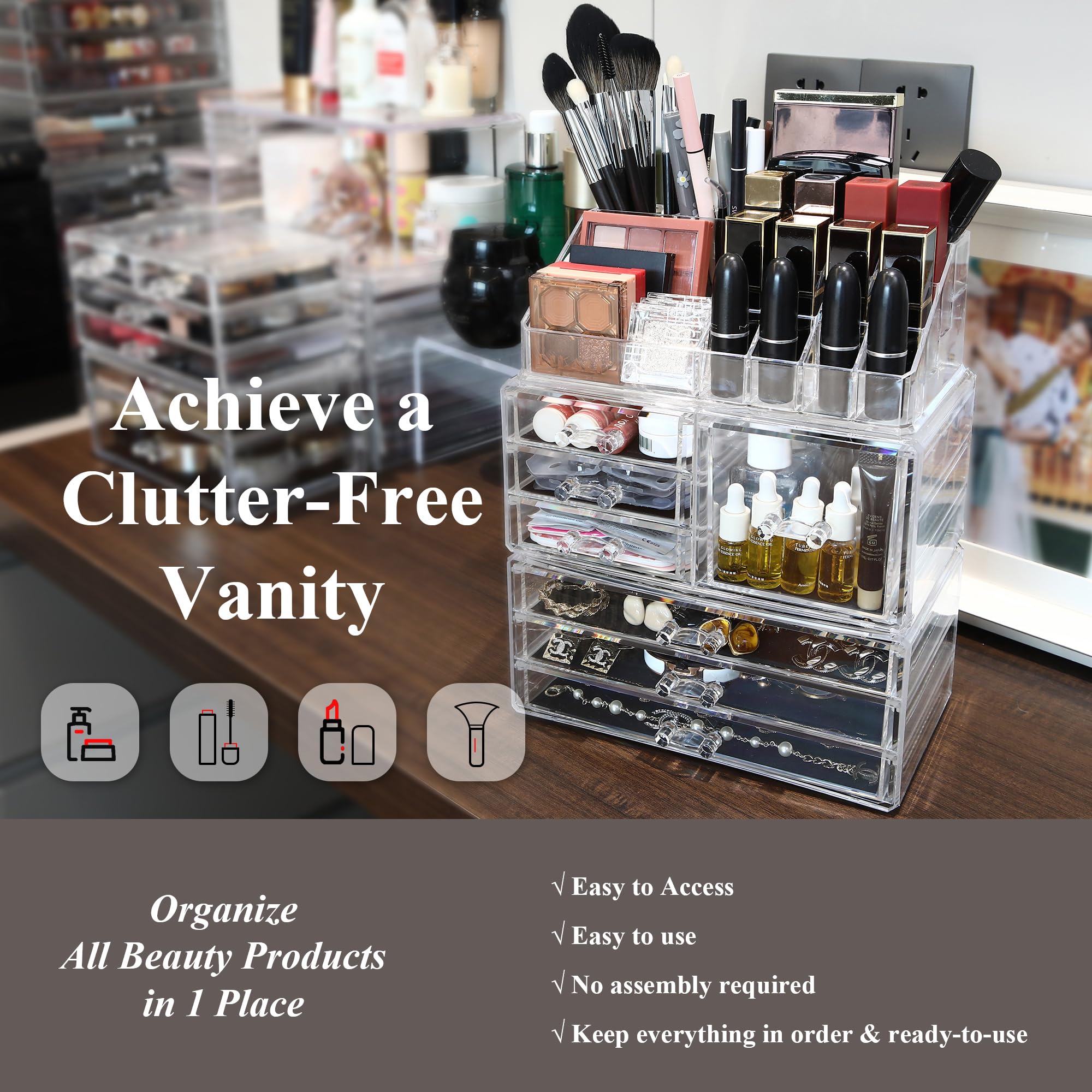 Sea Team 3-Layer Stackable Clear Makeup Organizer with Drawers, Acrylic Plastic Cosmetic Display Case, Jewelry Storage Box for D