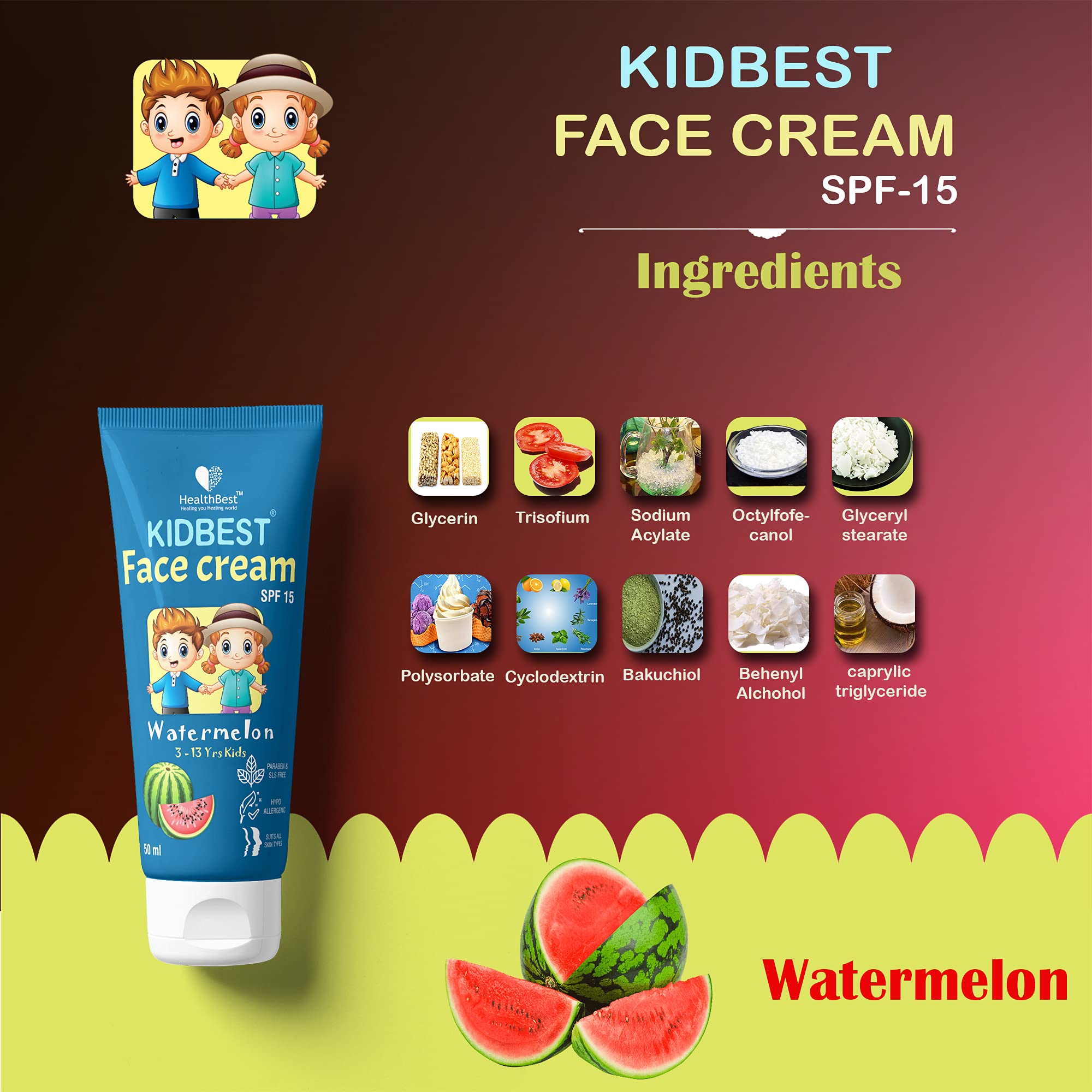 Healthbest Kidbest Face Cream For Kids, Spf 15, Safe For Sensitive Skin & Unscetened, Tear, Paraben, Sls Free, Watermelon Flavor