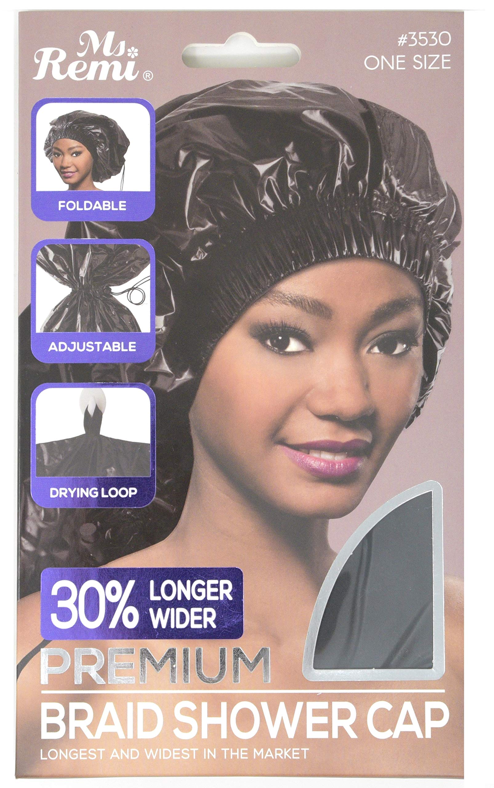 Annie - Ms. Remi Premium Adjustable And Foldable Braid Shower Cap With Drying Loop (Black, 25'' X 18.5'')