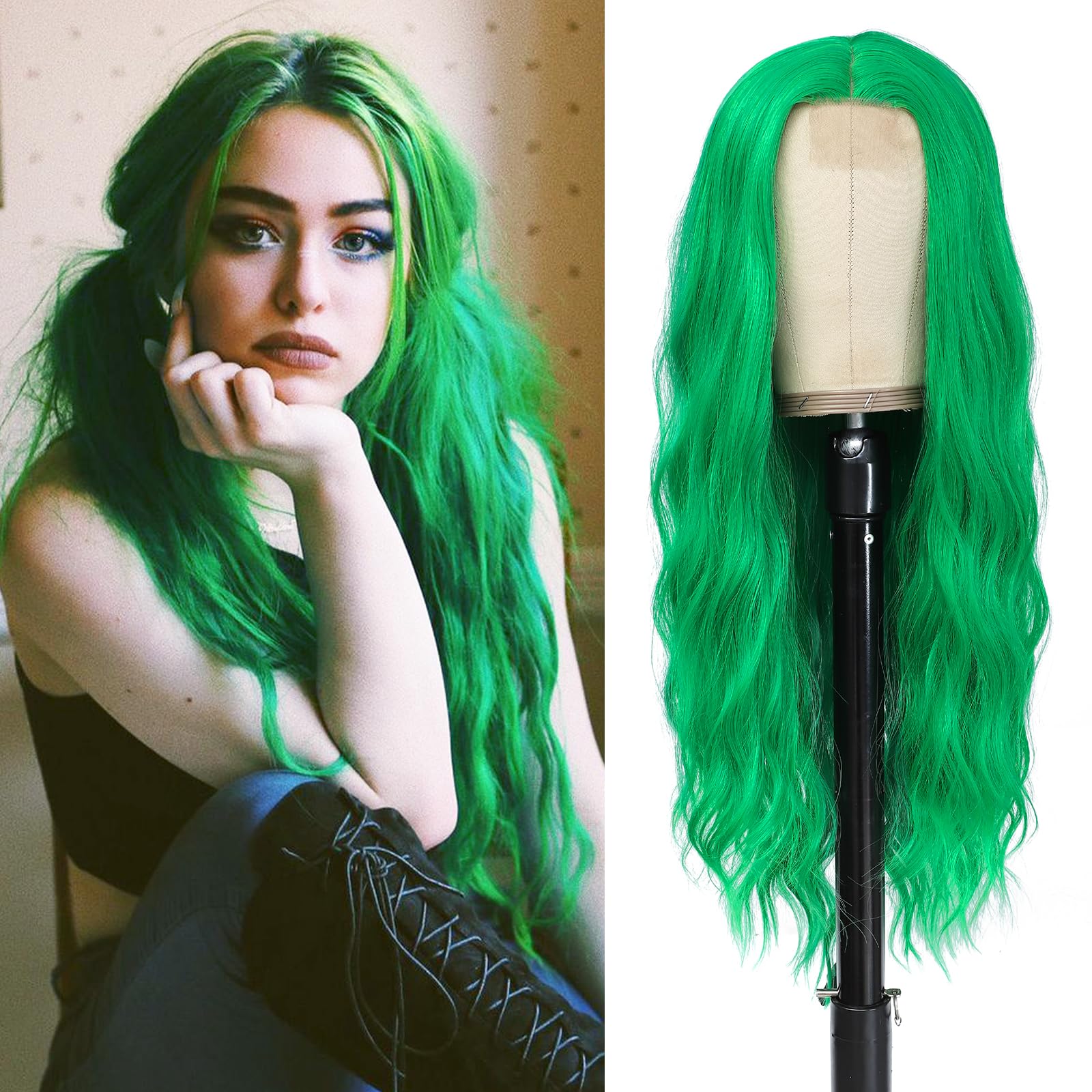 YBYMCAI Green Wig - Long Green Wavy Wigs for Women Middle Part Green Wig 26 inch Natural Curly Synthetic Wig Heat Resistant Fibe