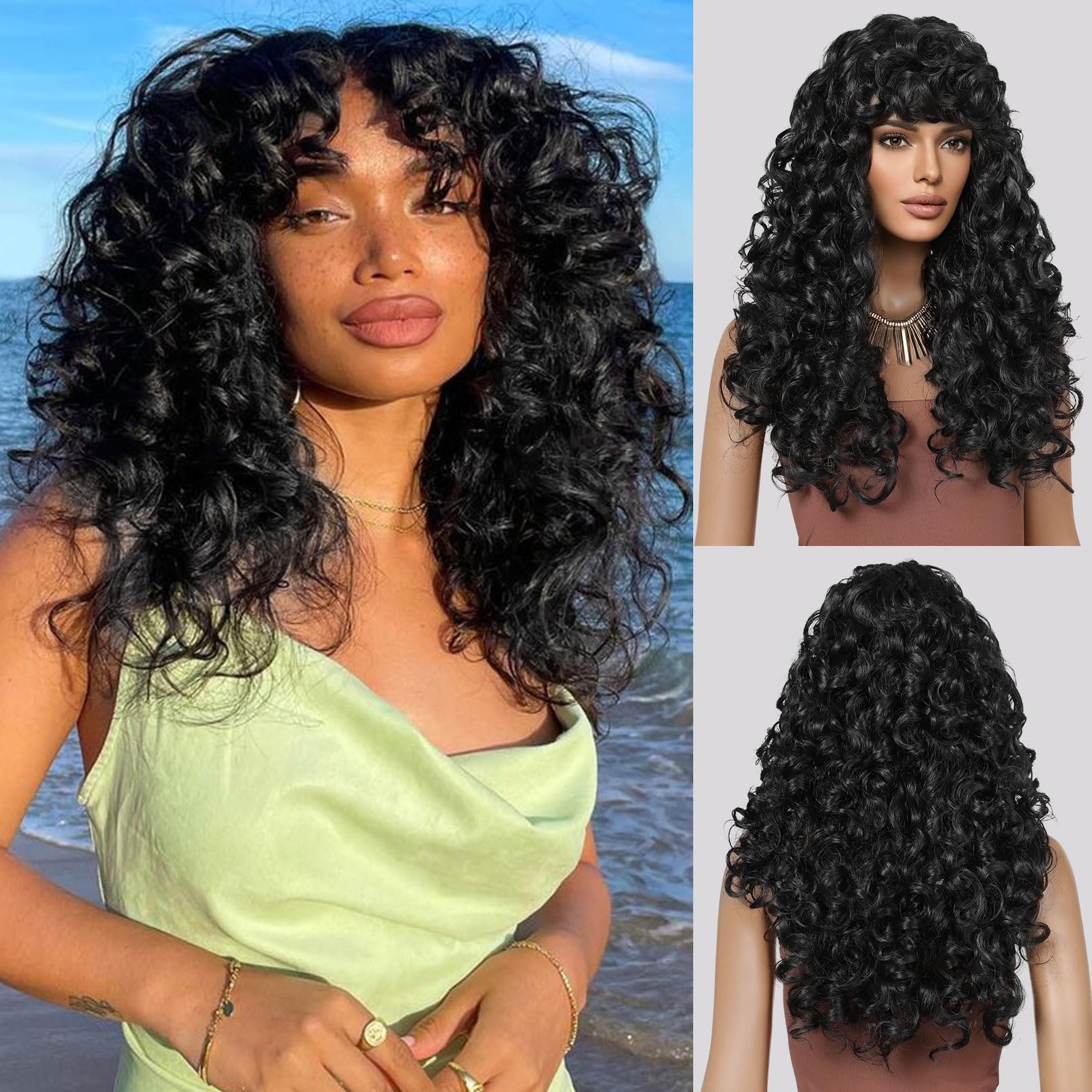LONAI Curly Wig with Bangs for Black Women Long Black Kinky Wigs with Wispy Bangs WIG006 Curly Gorgeous Fringe Synthetic Wig for