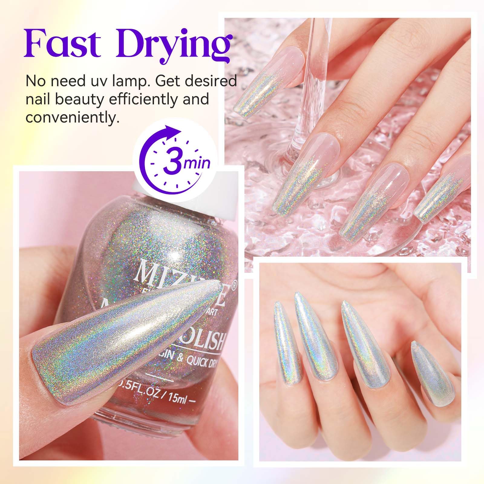 Mizhse Holographic Nail Polish, Silver Glitter Nail Polish Air Dry Fast, 15 Ml 0.5 Fl Oz High Glossy Shiny Nail Pigment Oil-Base