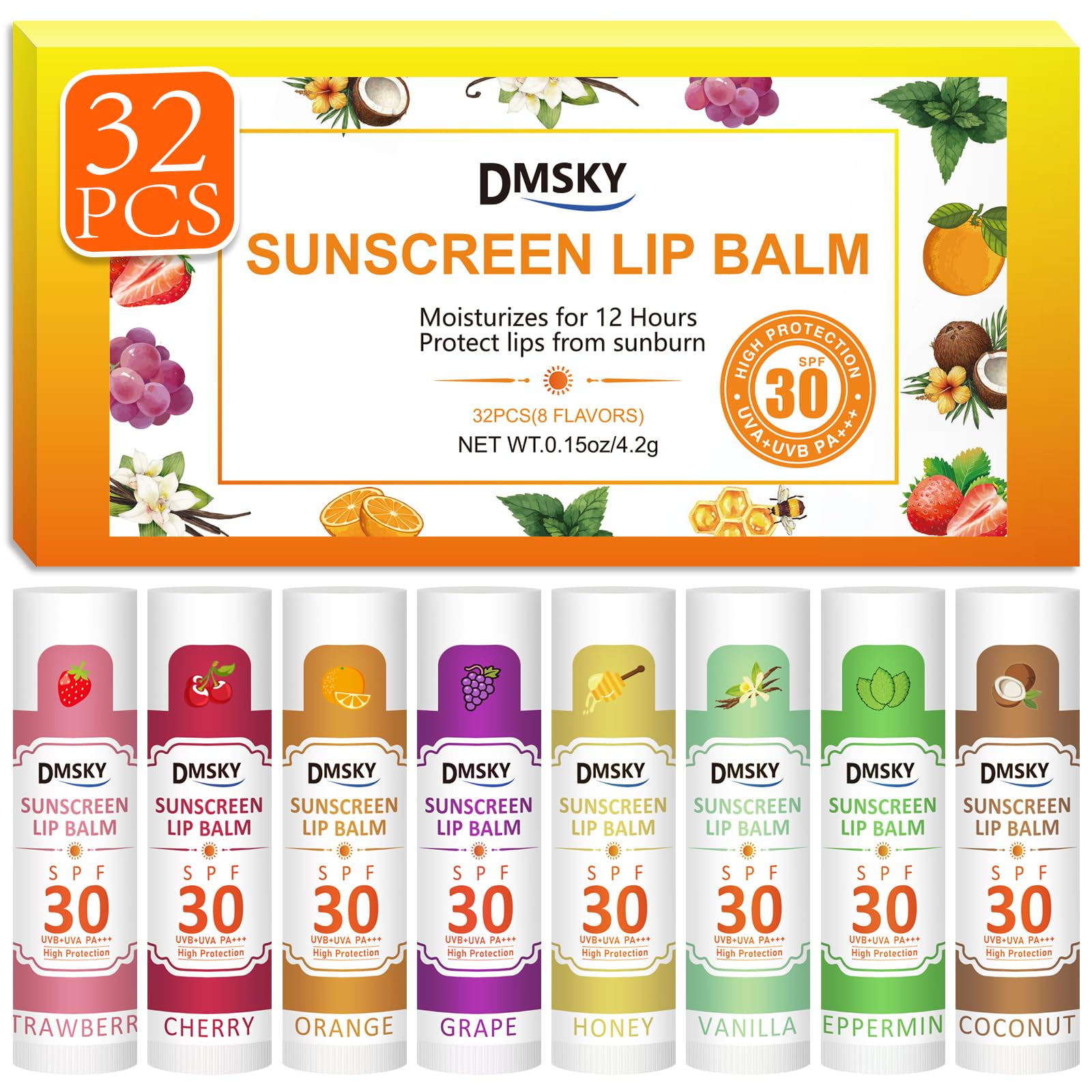 Dmsky Spf Lip Balm Bulk 32 Pack, Sunscreen Lip Balm Spf 30, Broad Spectrum Uva/Uvb Protection, Lip Sunblock Bulk Sunscreen Trave