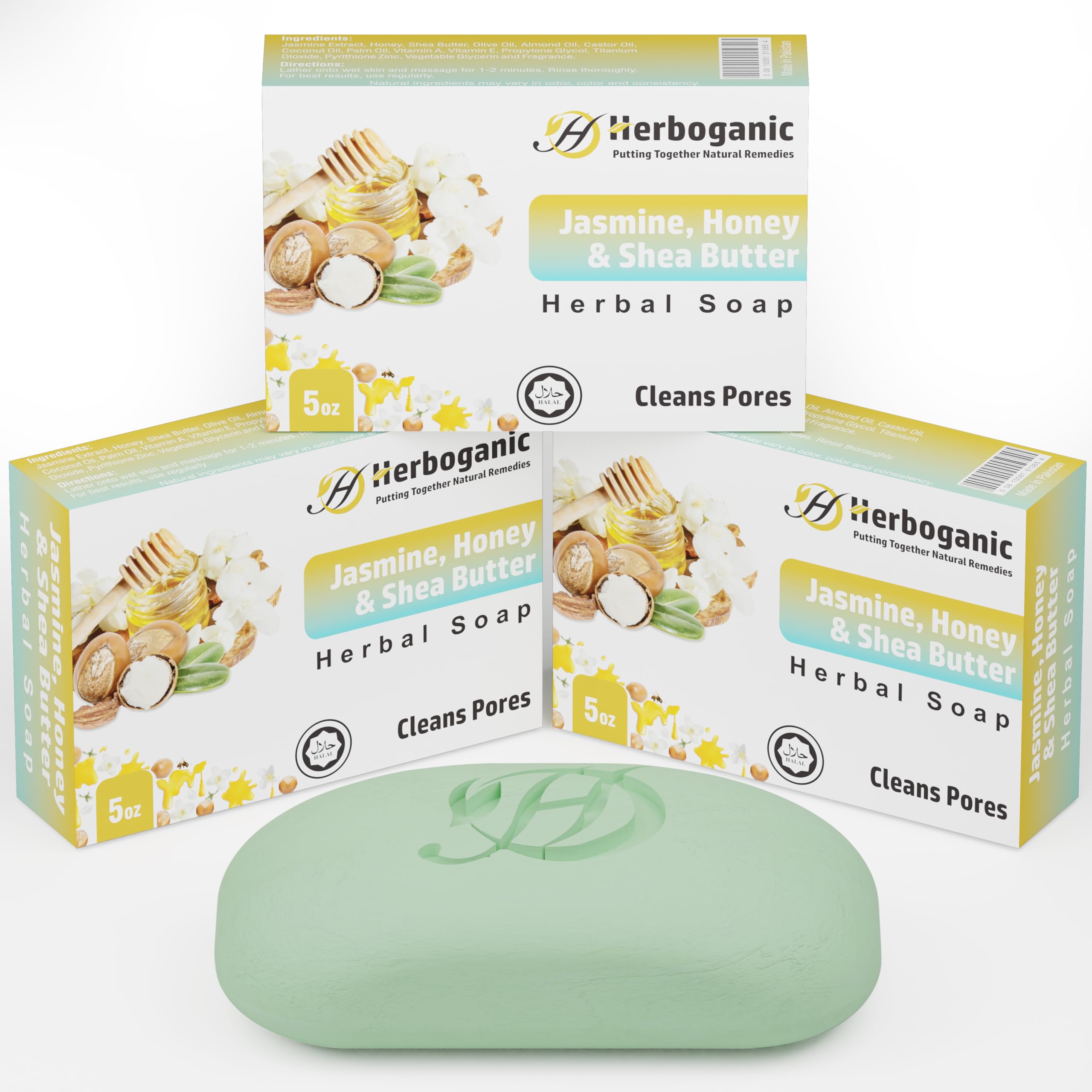HERBOGANIC Jasmine Honey and Shea Butter Herbal Soap | Pack of 3 of 5oz soap Bar | Natural Bar Soap for Face and Body | Hydratin