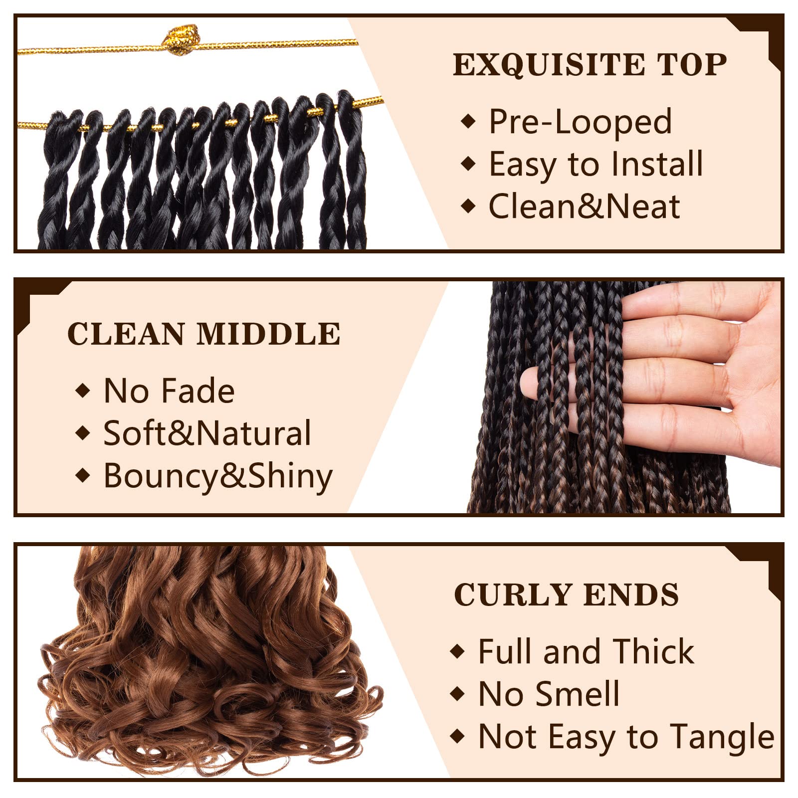 Cookoo 9 Pack 14 Inch Pre Looped French Curly Box Braids Hair Ombre Brown Crochet Box Braid With Curls At The End Loose Curly Sy
