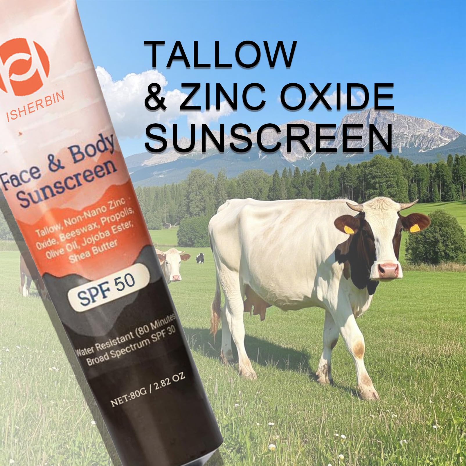 Natural Mineral Sunscreen SPF 50 - Natural Tallow & Zinc Oxide, Beef Tallow Sunscreen for Face & Body SPF 50, Moisturizing Hydra