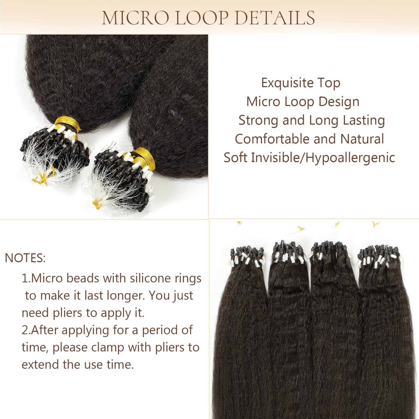 Microloop Hair Extensions Real Human Hair For Black Women 100 Strands 22Inch Natural Black #1B Kinky Straight Micro Links Hair E