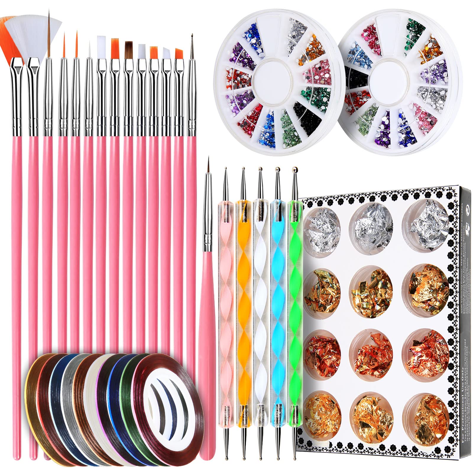 Teenitor Nail Pen Designer, Stamp Nail Art Tool With 15Pcs Nail Painting Brushes, Nail Dotting Tool, Nail Foil, Manicure Tape, C