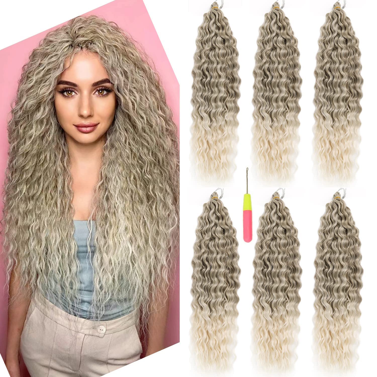 MAYSA Ocean Wave Crochet Hair Extensions, Synthetic brown Curly Braiding Crochet Hair, 22 Inch 6Packs Ombre Crochet Hair Extensi