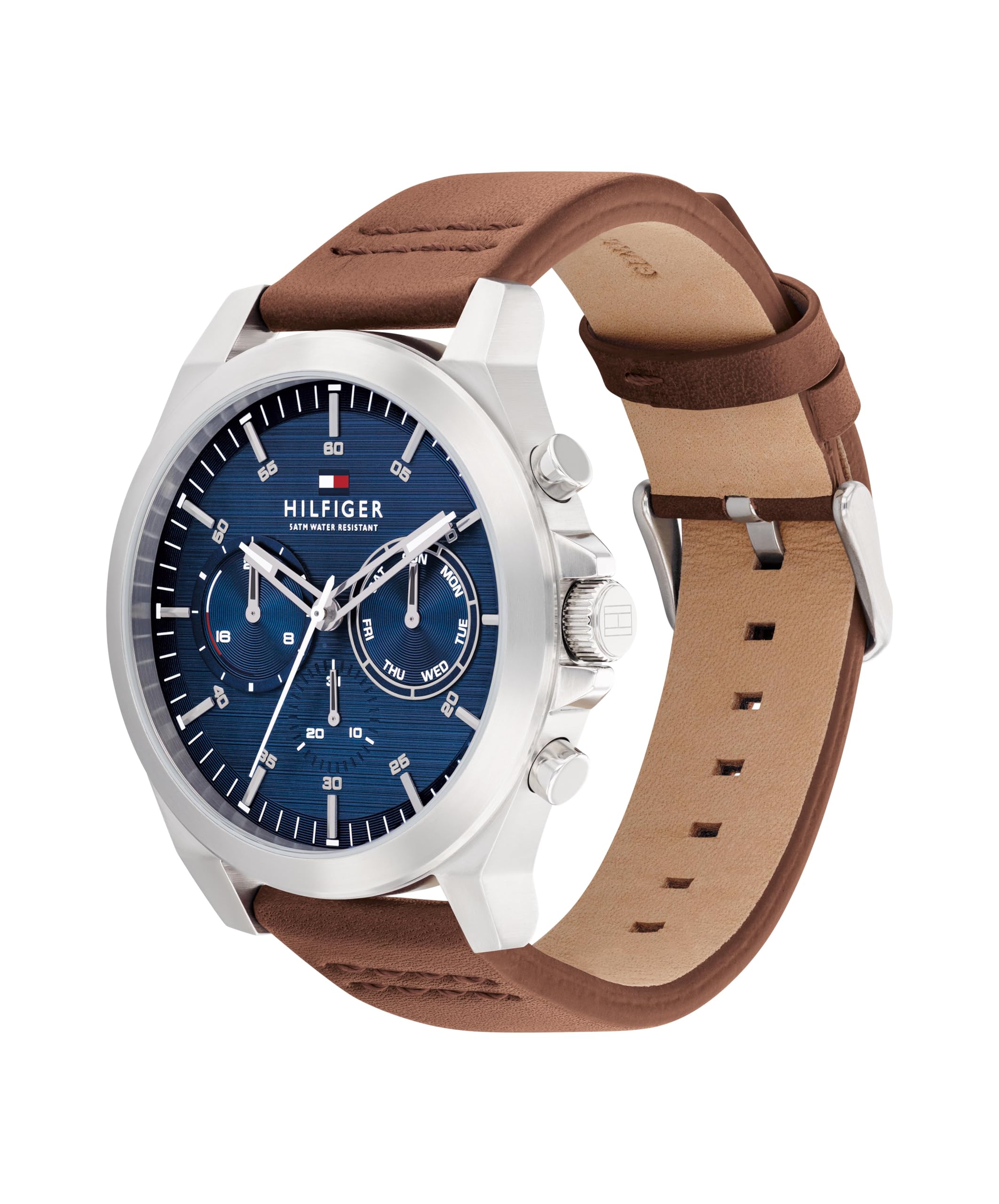 Tommy Hilfiger MenS Multifuction Navy Stainless Steel & Leather Strap Brown Band Analog Watch