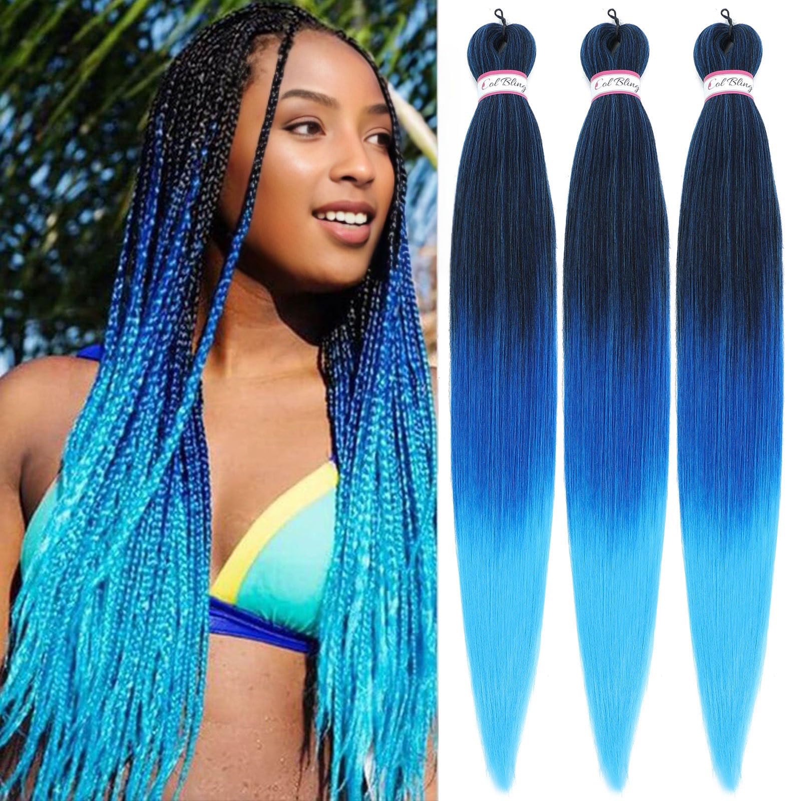 Col bling Braiding Hair Pre Stretched 28 Inch 3 Packs Ombre Blue Long Braid Hair Extensions for Women Box Braids Hair Pre-Stretc