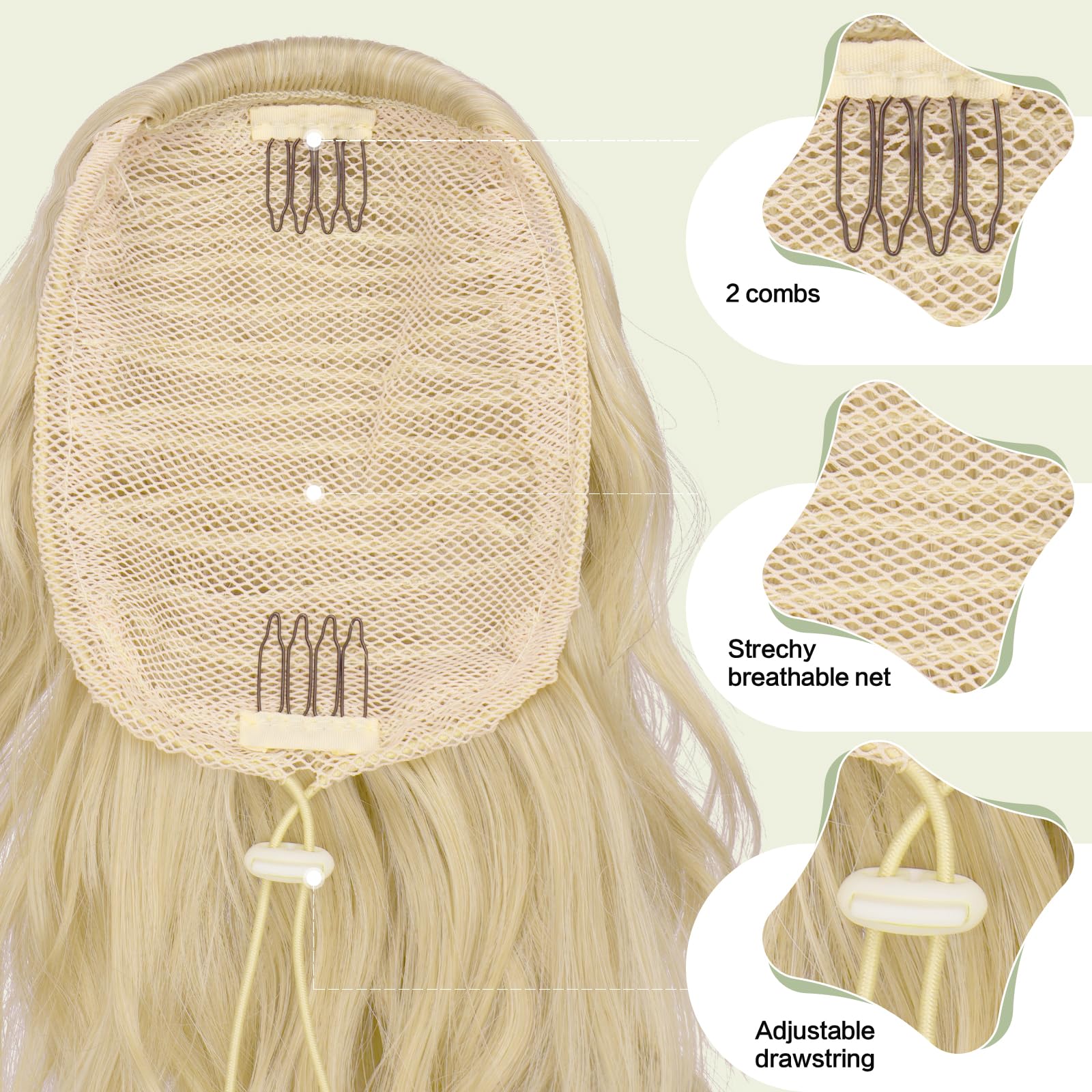 Feshfen Ponytail Extensions, Drawstring Ponytails Hair Extension Ash Blonde Short Curly Wavy Hair Piece Synthetic Blonde Pony Ta