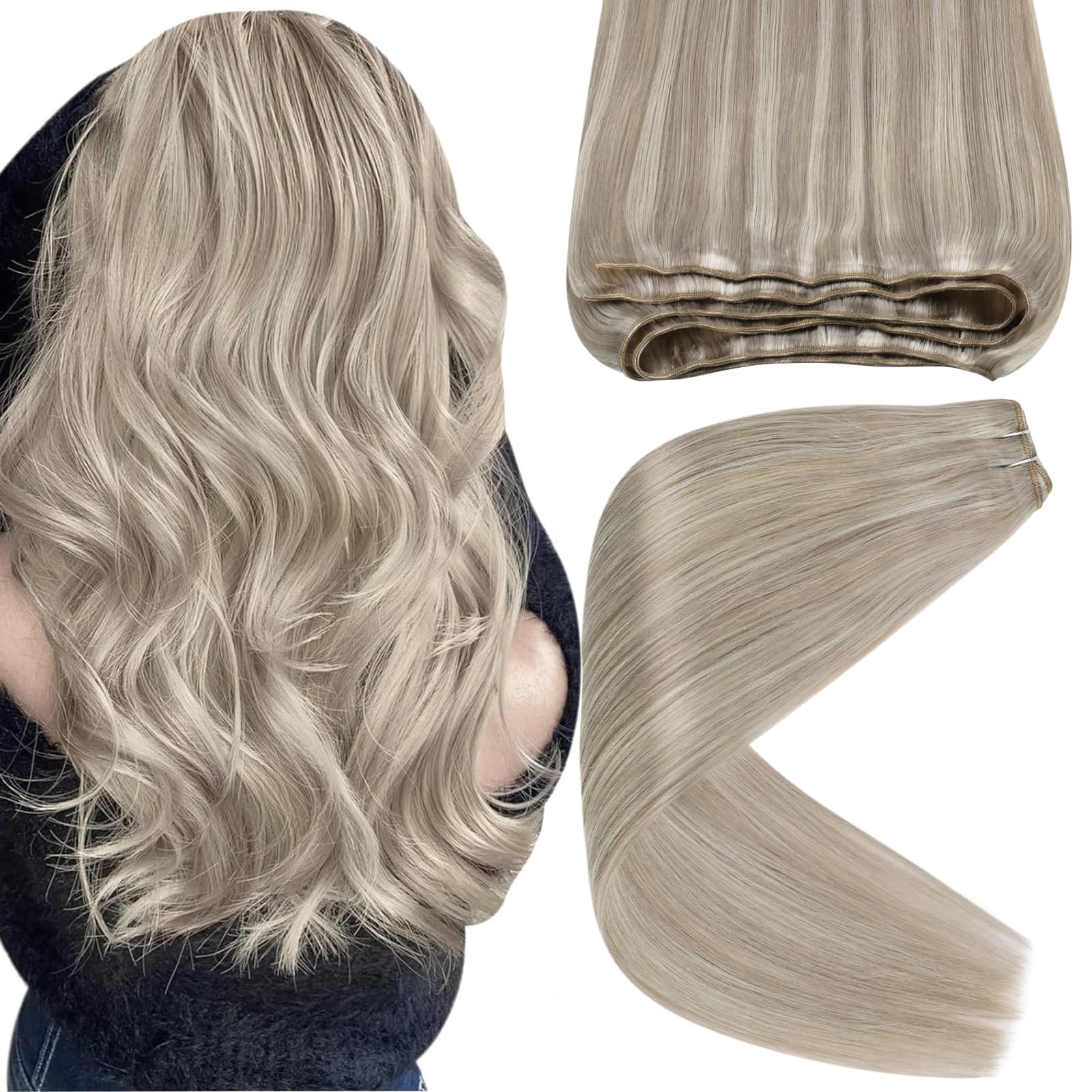 Sunny 12inch Sew in Hair Extensions Real Human Hair Blonde Highlights Weft Hair Extensions Dirty Blonde with Platinum Blonde Hig