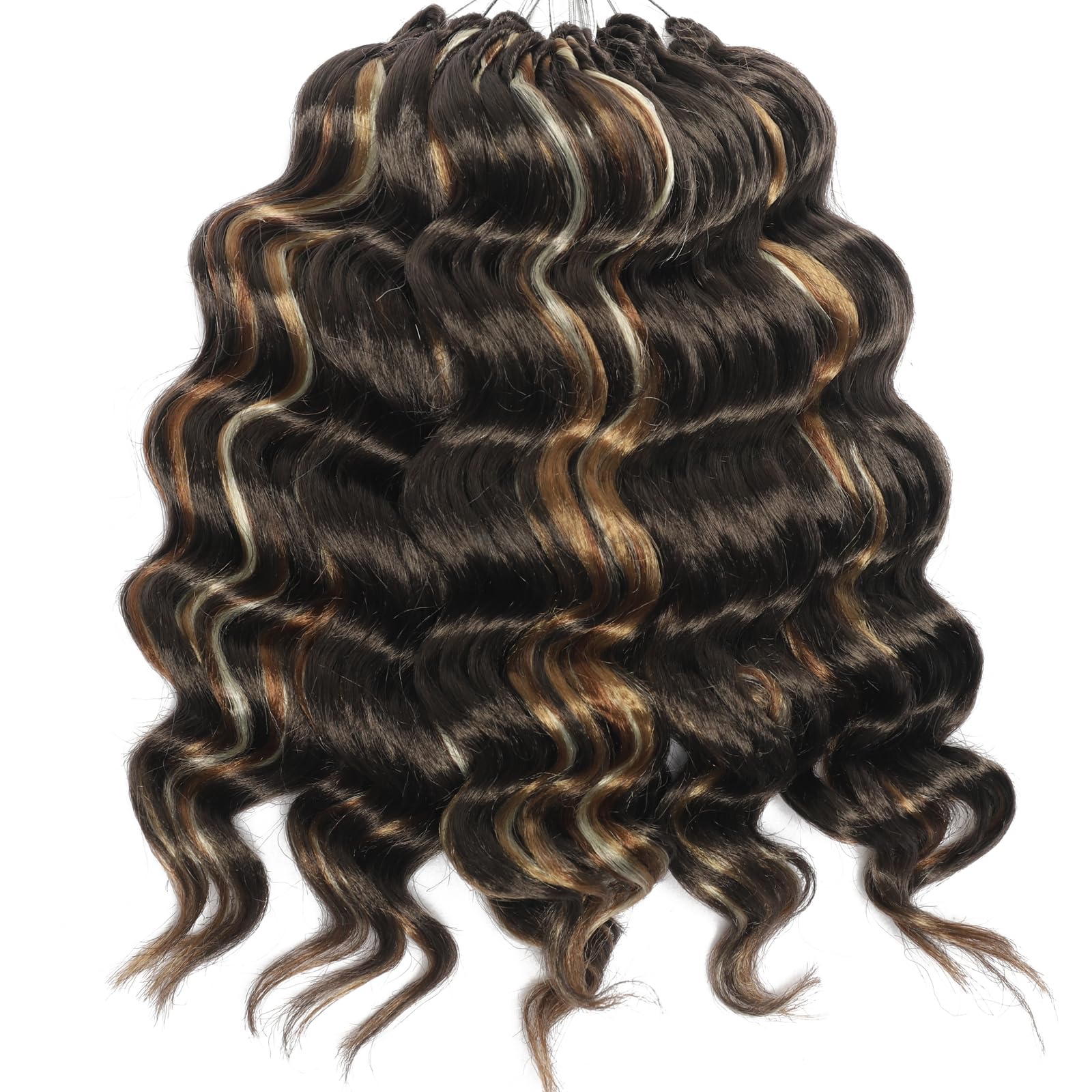 Brown Mixed Blonde Ocean Wave Crochet Hair Pre Looped 9 Inch Curly Braiding Ocean Wave Hair 7 Packs Deep Wave Short Wavy Ocean W