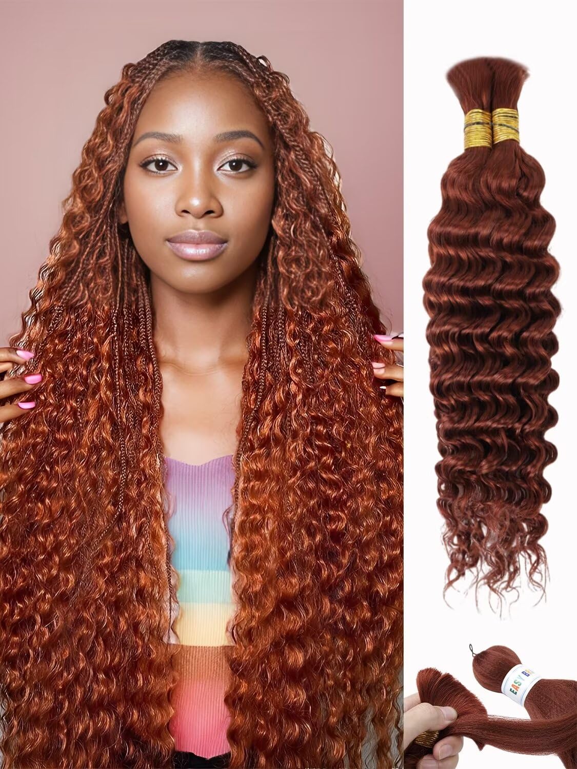 350 Braiding Hair 100G 22 Inch Dark Ginger Braiding Hair Copper Braiding Hair Extensions Deep Water Wave Curly Bulk Human Hair F