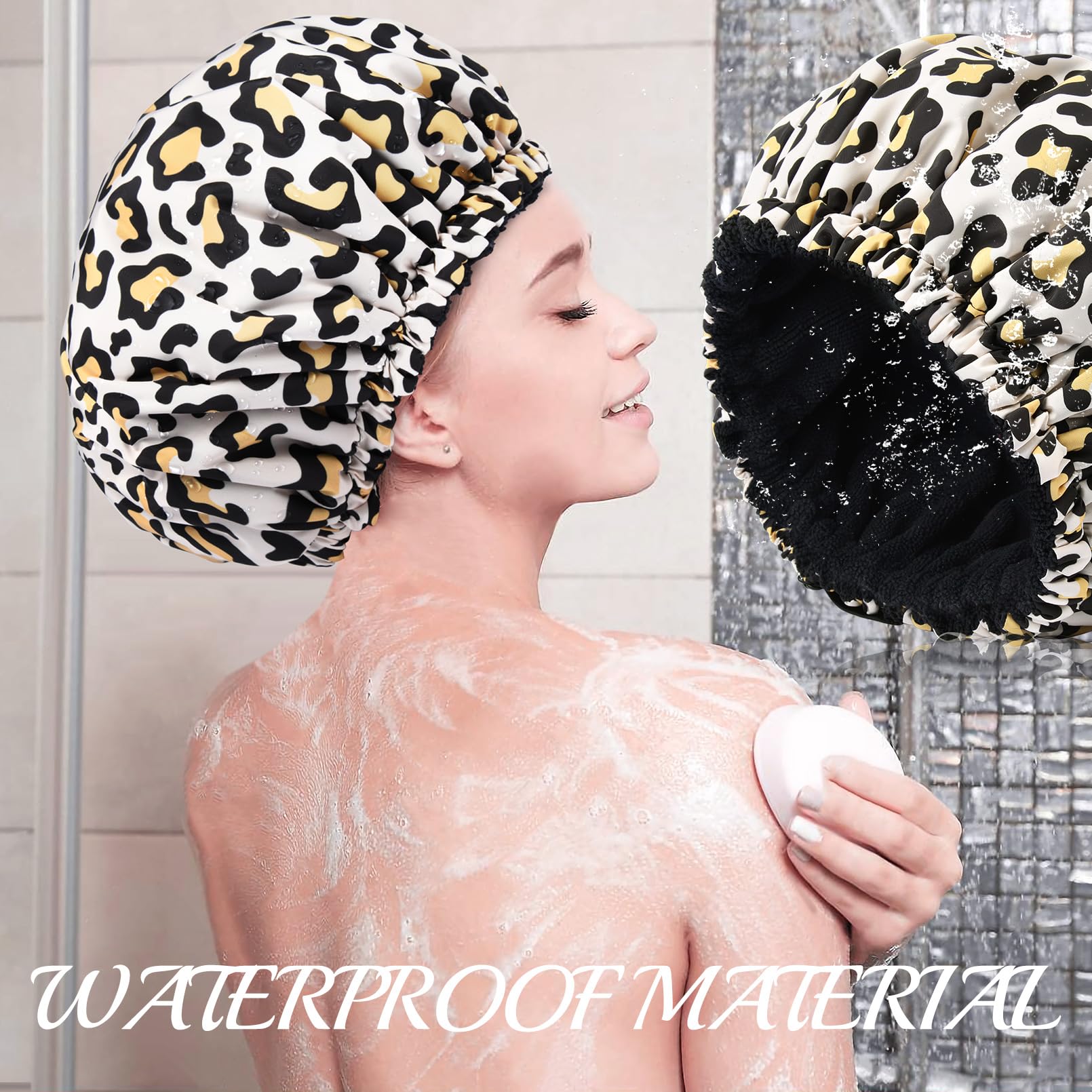 Shower Cap For Women Terry Lined Bath Cap Large Reusable Waterproof Elastic Band Leopard Shower Caps For Long Thick Hair Soft Ba