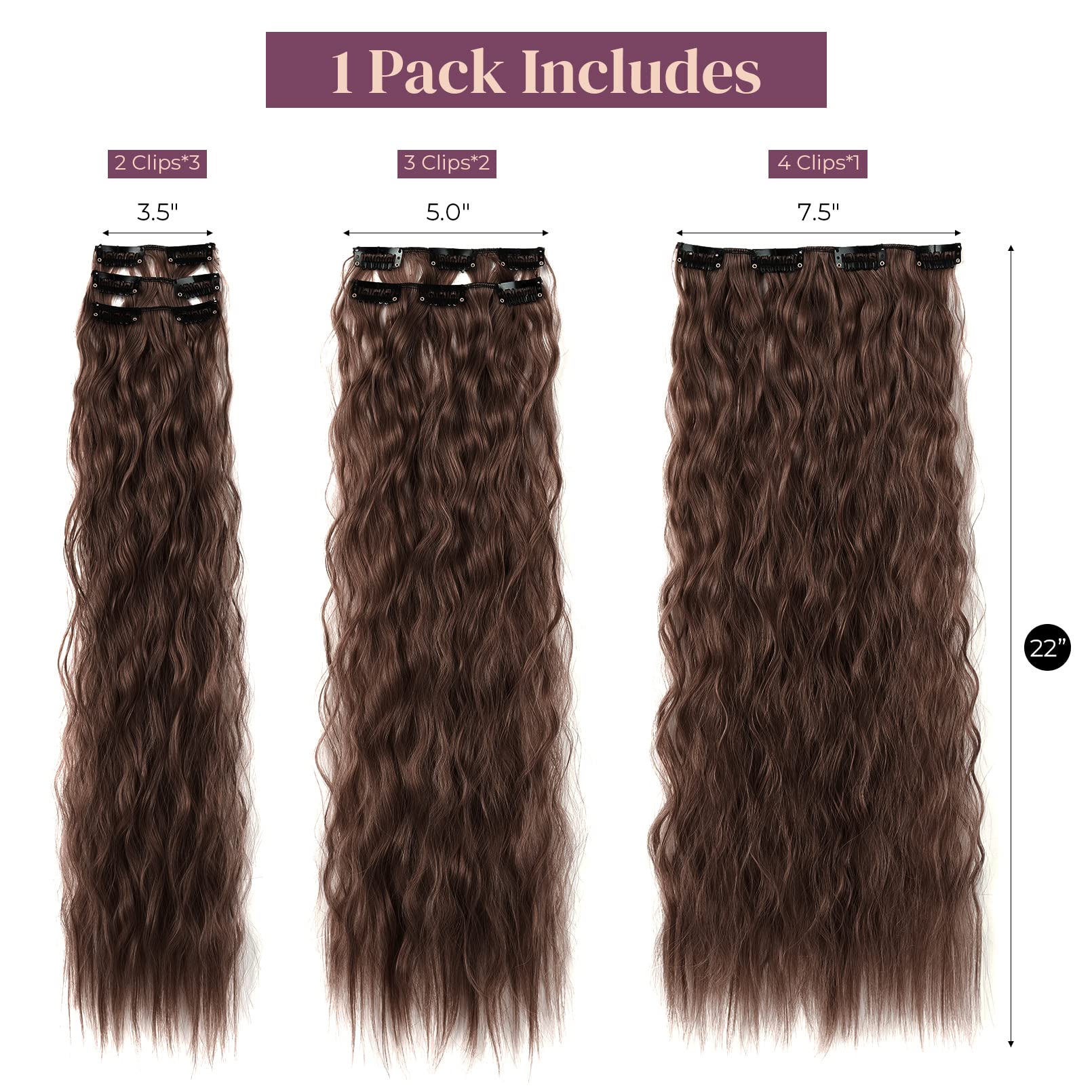 Lonai 6Pcs Clip In Hair Extensions 24'' Dark Chocolate Brown Hair Extension Long Mermaid Waves Synthetic Hairpiece For Women Nat