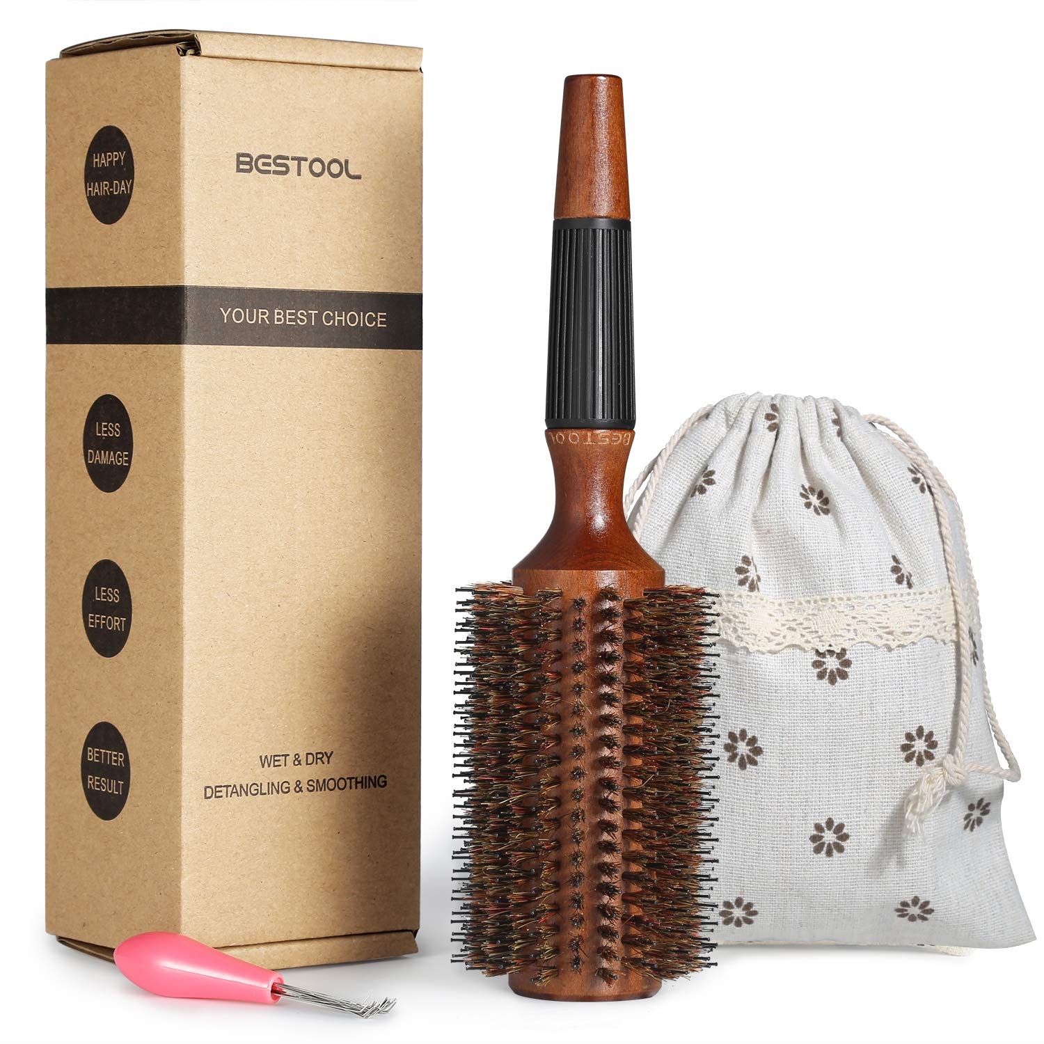 BESTOOL Round Brush for Blow Drying, Round Hair Brush for Women or Men, Boar Bristle Large Round Hairbrush for Quick Blowout, Ad
