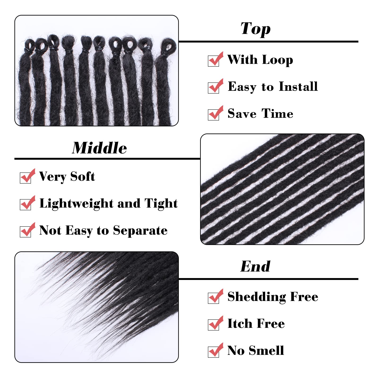 Leeven Thin 24 Inch Dreadlock Extensions 40 Strands Natural Black Soft Hippie SE Dreads 0.6 cm Width Synthetic Loc Extensions Ha