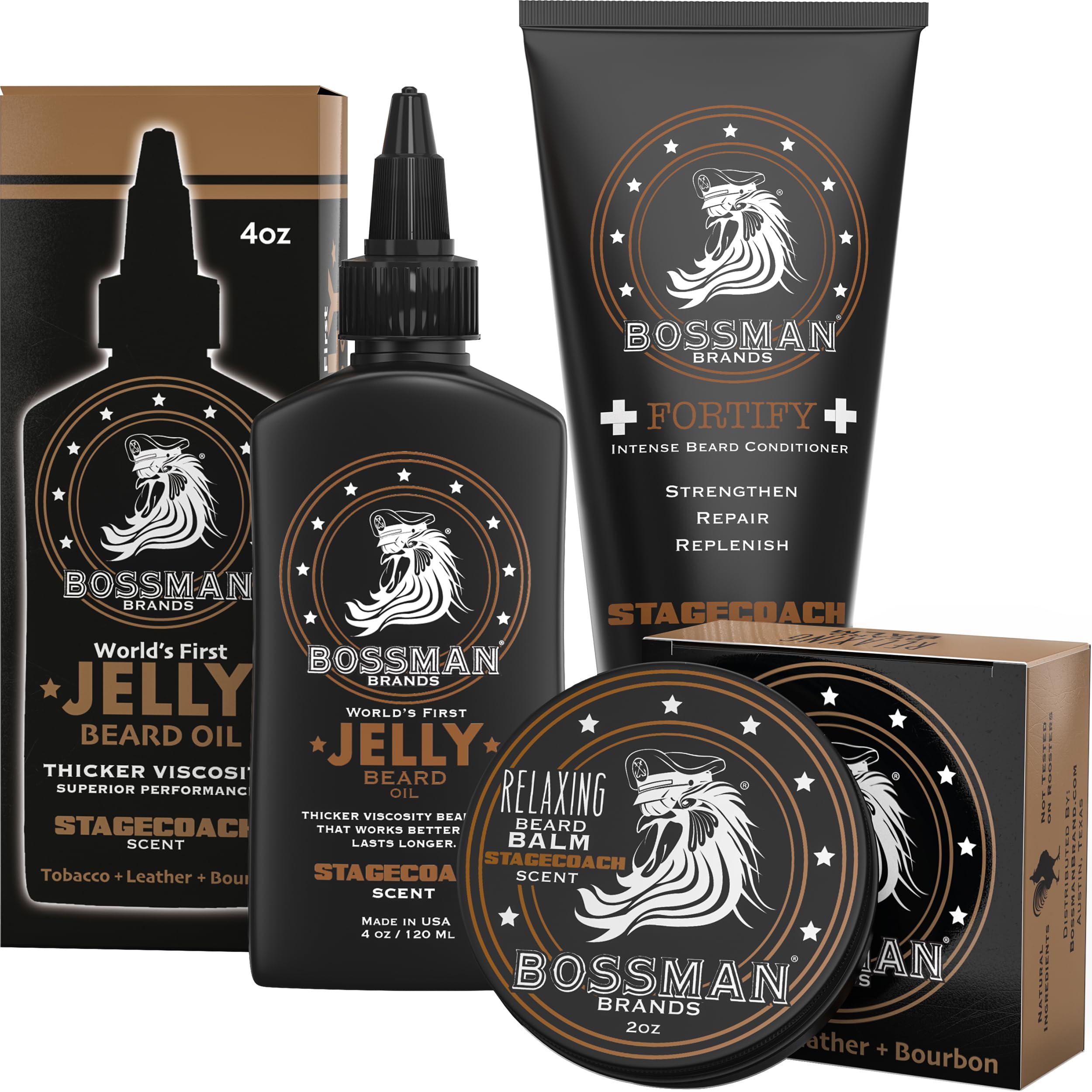 Bossman Essentials Beard Kit for Men - Beard Oil Jelly, Fortifying Conditioner Cream, Beard Balm - Grooming Growth Care Accessor