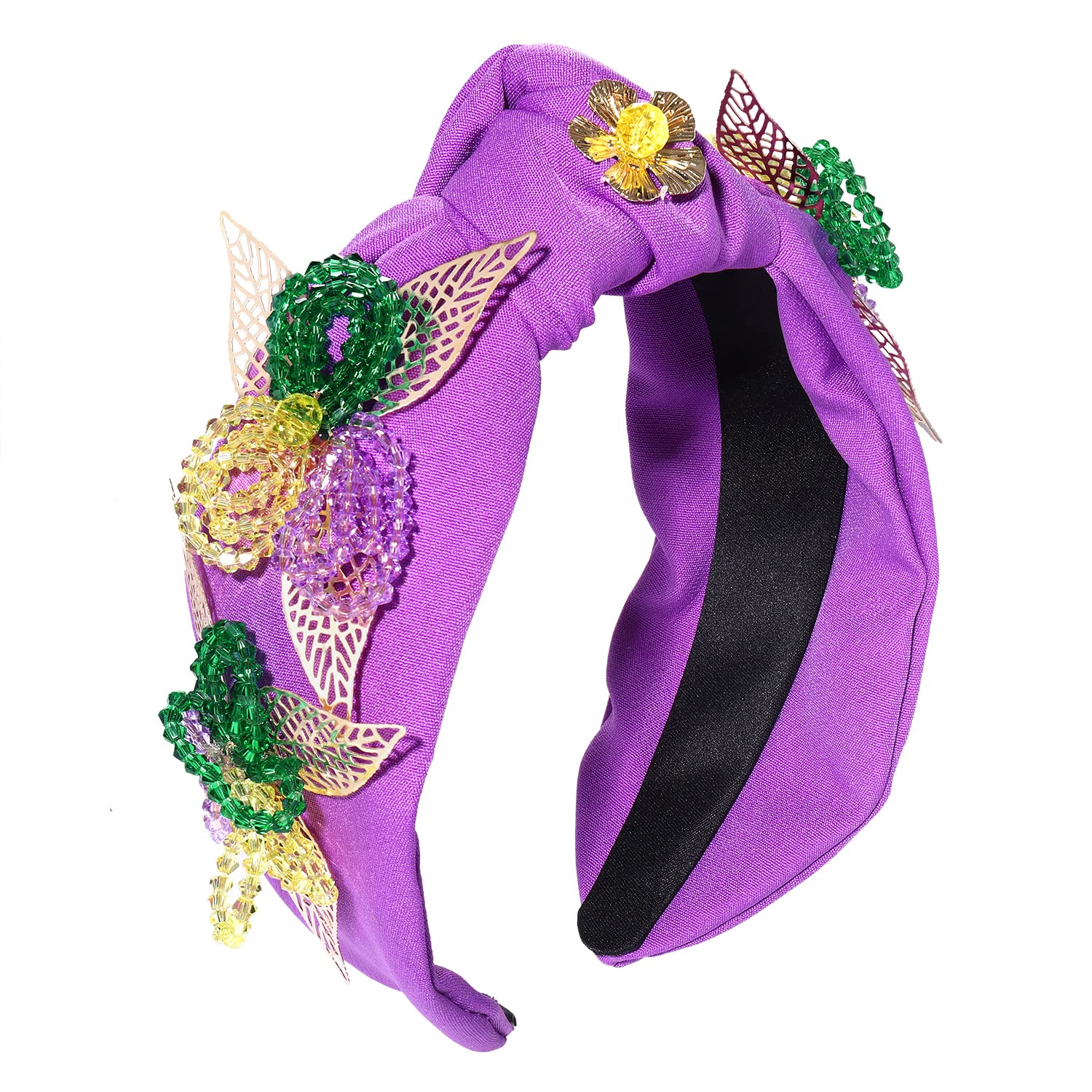 Hzeyn Mardi Gras Headband Beaded Filigree Leaf Embellished Knontted Wide Turban Hairband Mardi Gras Costume Headwear Party Hair 