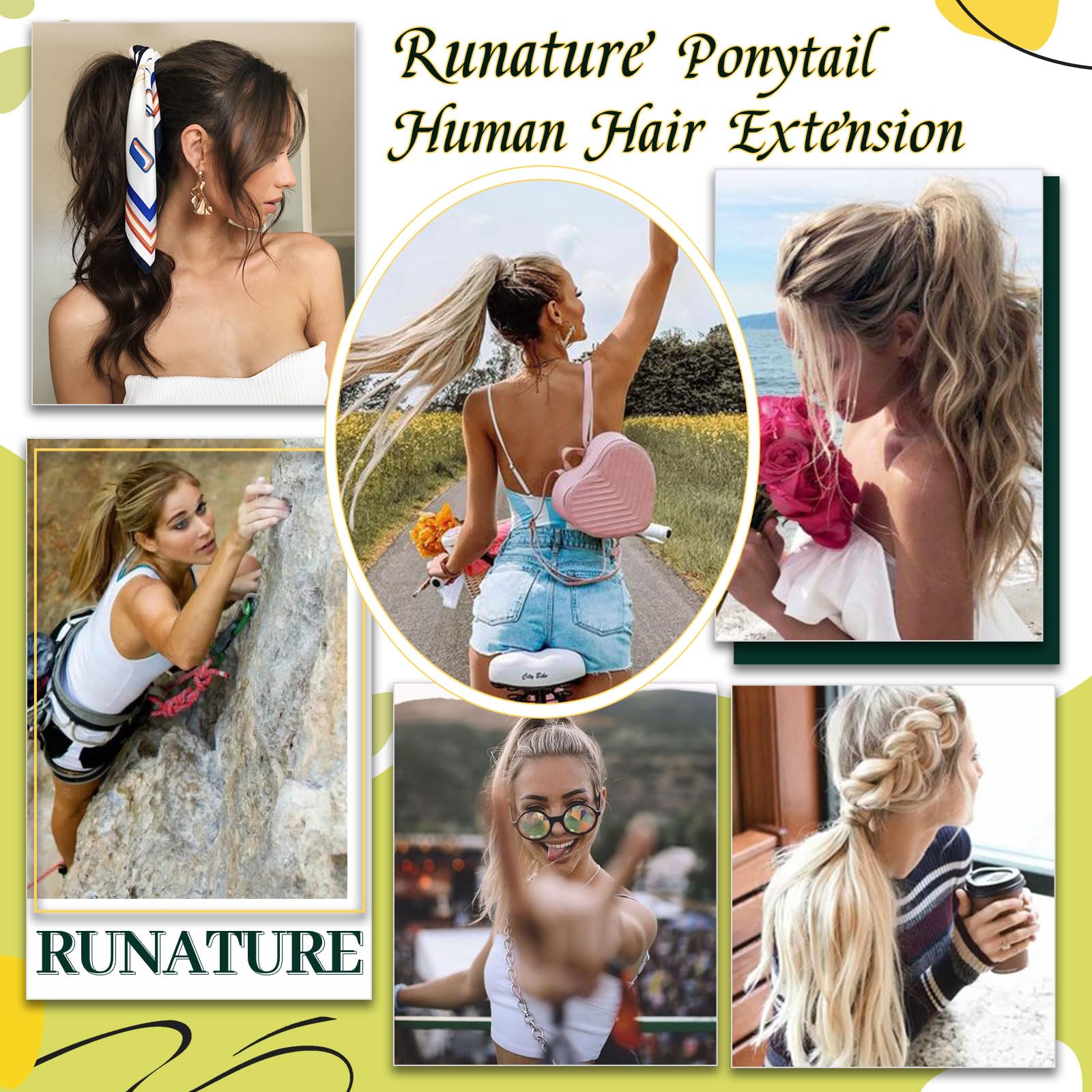 Runature 16 Inch Ponytail Extension Human Hair Blonde Clip In Ponytail Hair Extensions Straight Remy Pony Tails Hair Extensions