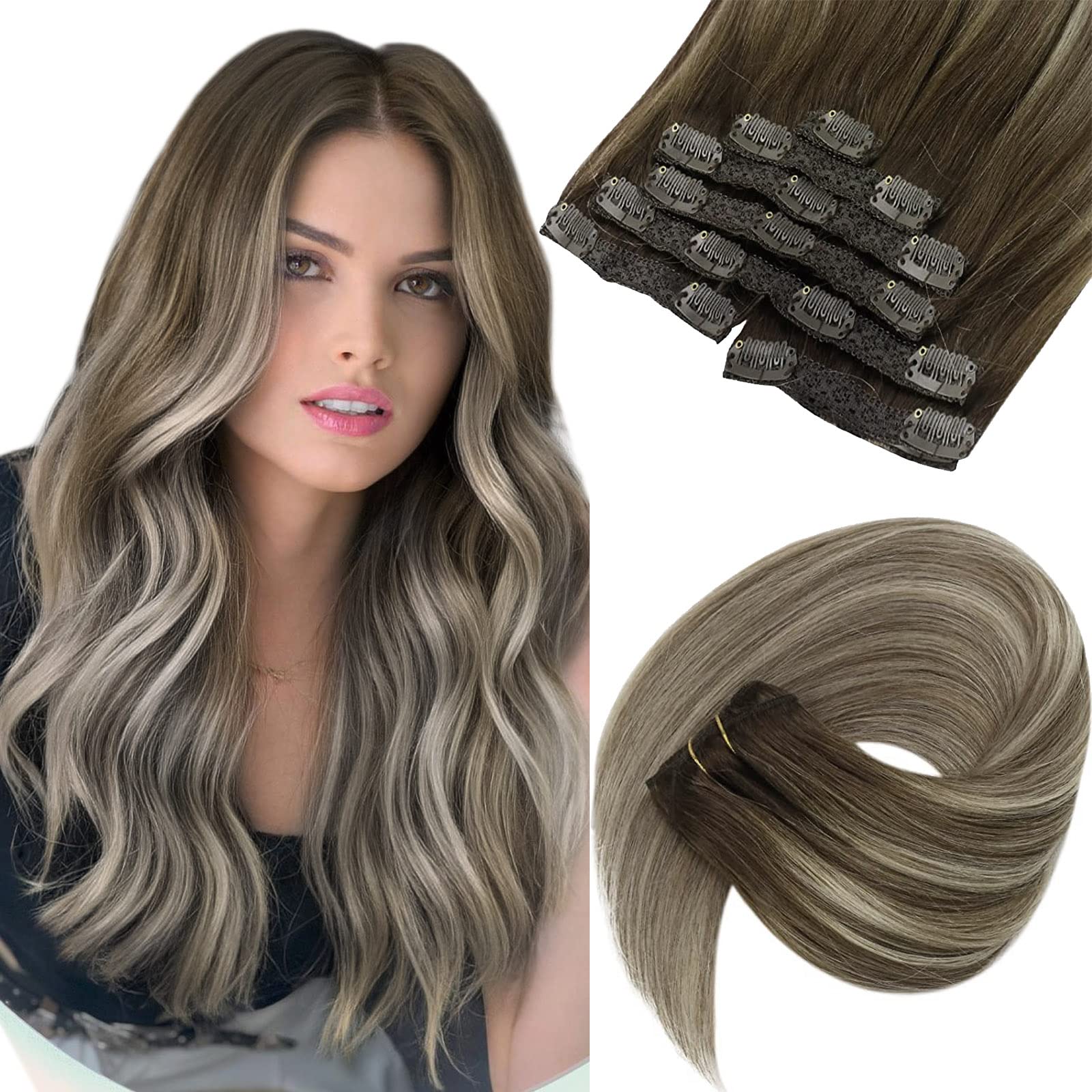 Vesunny Clip In Human Hair Extensions Balayage Brown Clip On Hair Extensions Real Human Hair Long Straight Clip In Ombre Hair Ex