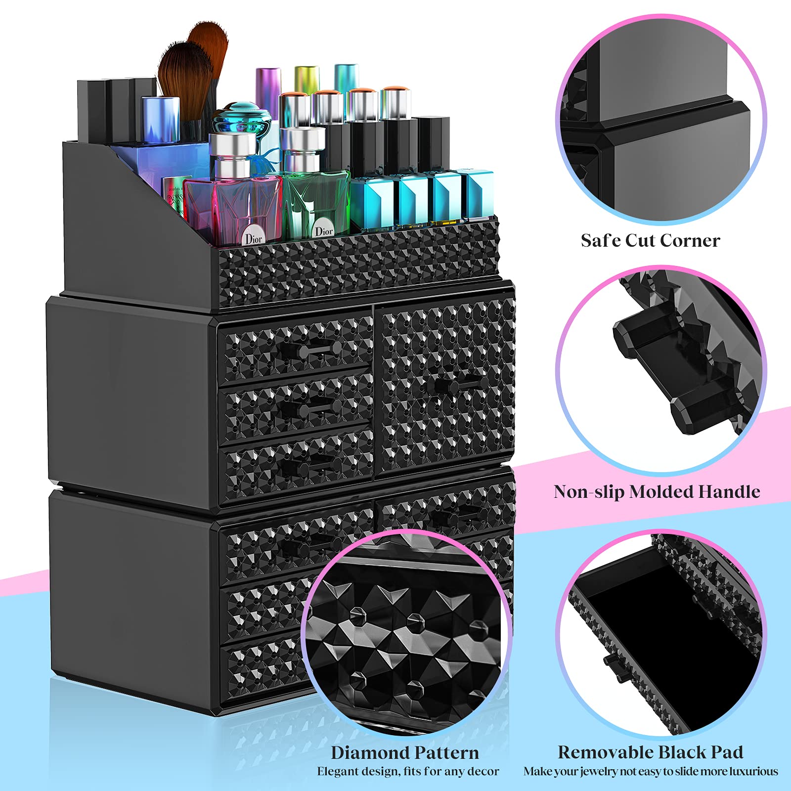 3 Pack Makeup Organizer Stackable[Upgraded], Acrylic Cosmetics Storage Cases With 8 Drawers Perfume Organizers For Brush Holder
