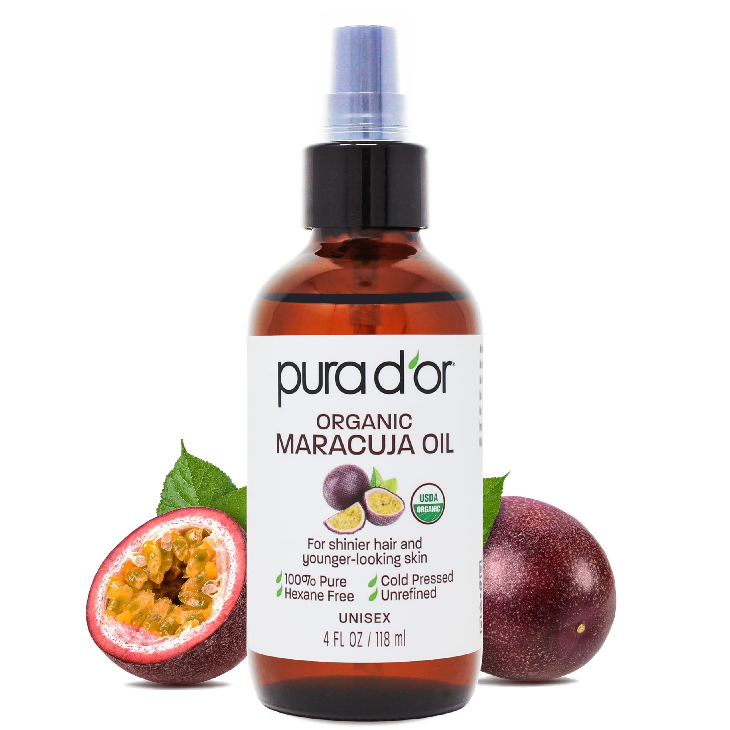 PURA D'OR 4 Oz Organic Maracuja Oil - Passion Fruit Seed Oil - 100% Pure USDA Certified Premium Grade Cold Pressed Body Oil For 