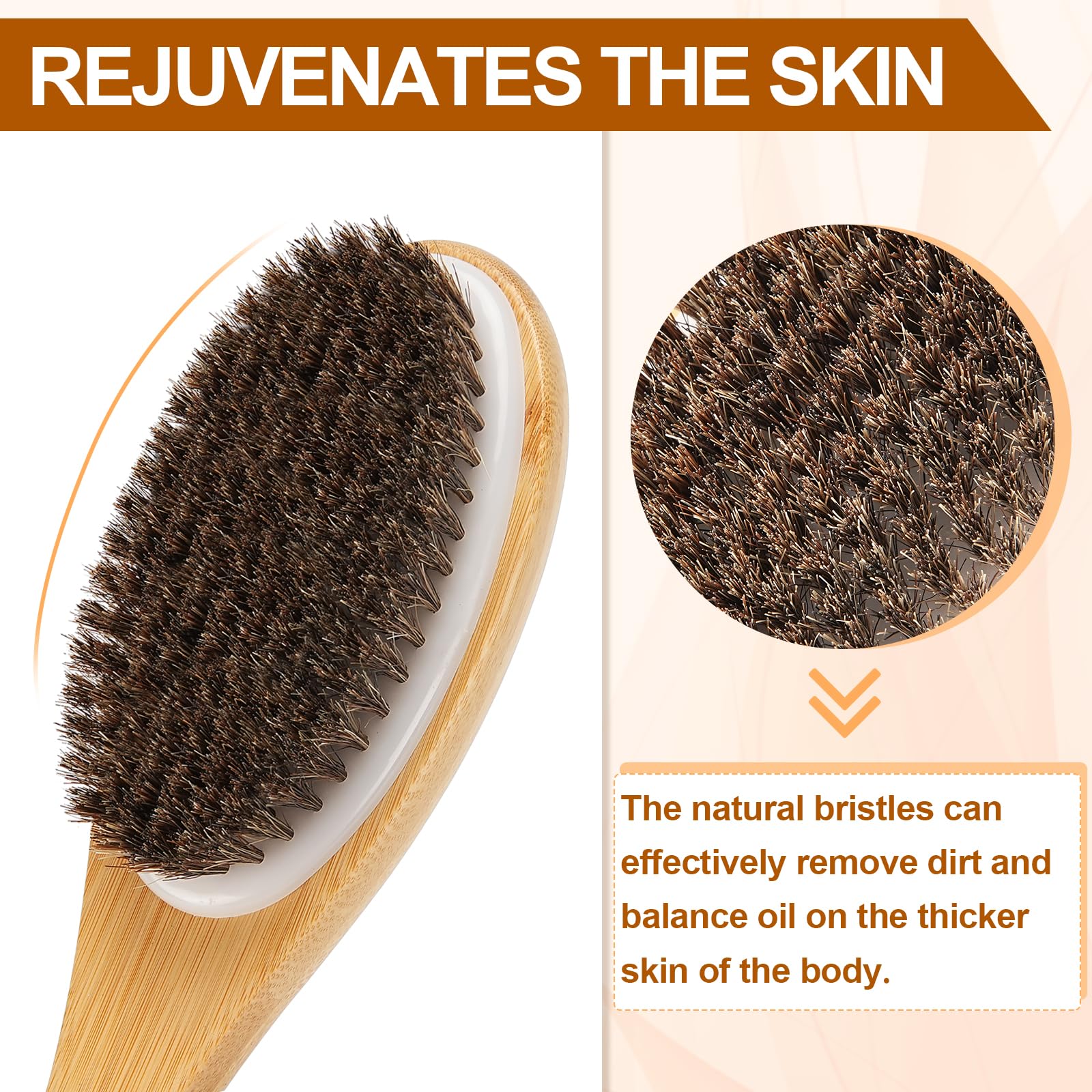 eaxun Exfoliating Back Scrubber - 16.7" Bamboo Body Brush with Natural Bristles for Wet/Dry Use, Ideal Bath Tool for Men & Women