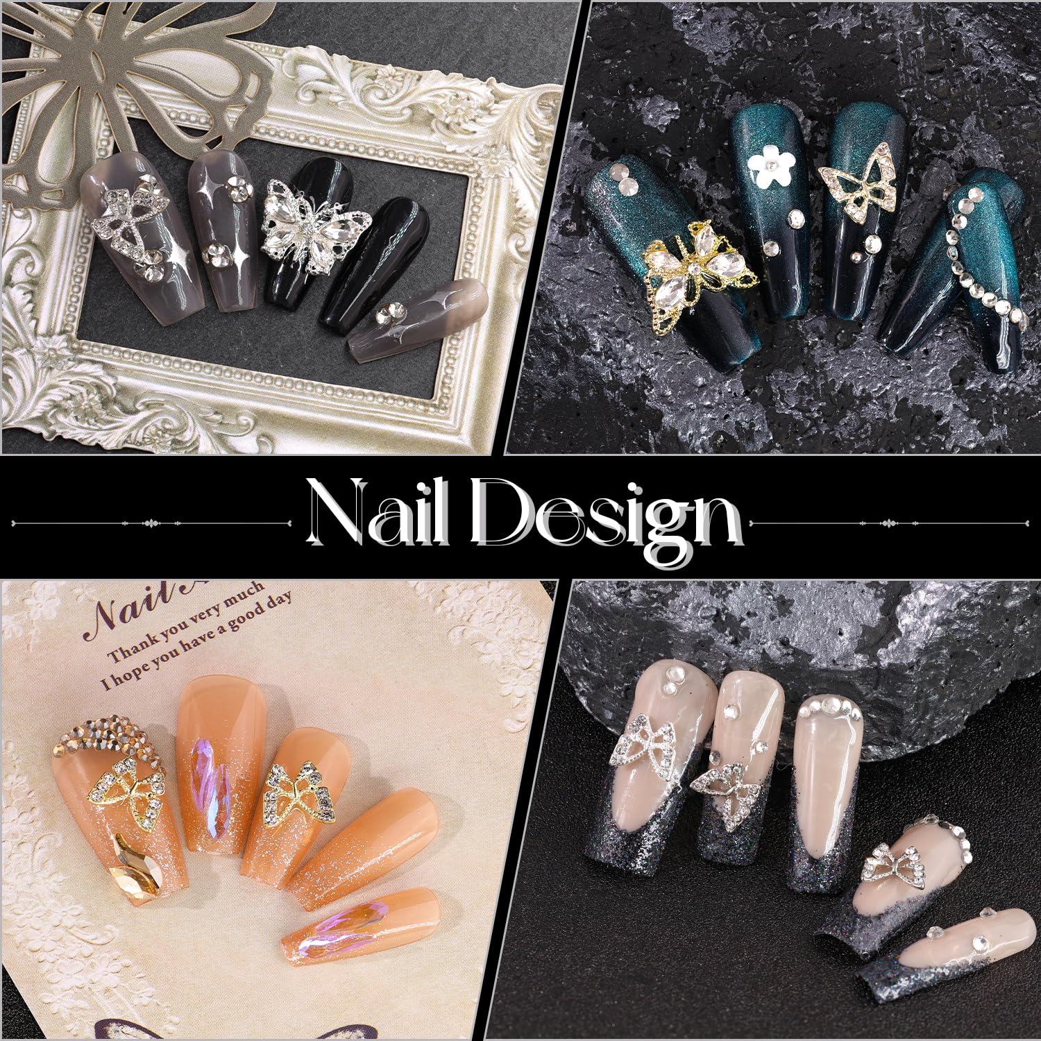 40Pcs 3D Butterfly Nail Charms, Gold + Silver Multi Shapes Shiny Luxury Gems, Crystal Diamond Jewels Studs With Rhinestones For