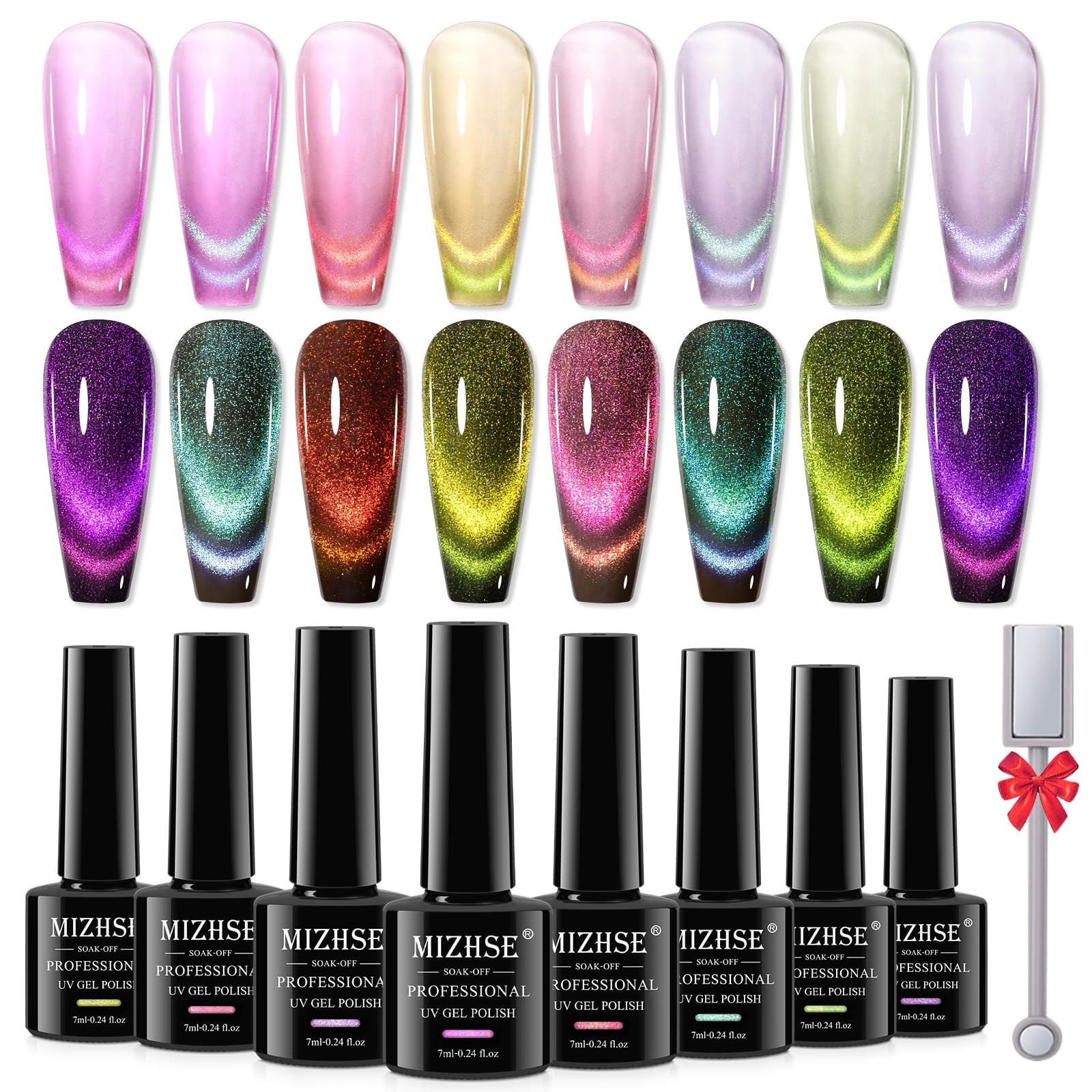 Mizhse 9D Cat Eye Gel Nail Polish 8 Colors, Upgraded Neon Collection Magnetic Gel Polish Set With Magnet Stick, Chameleon Spring
