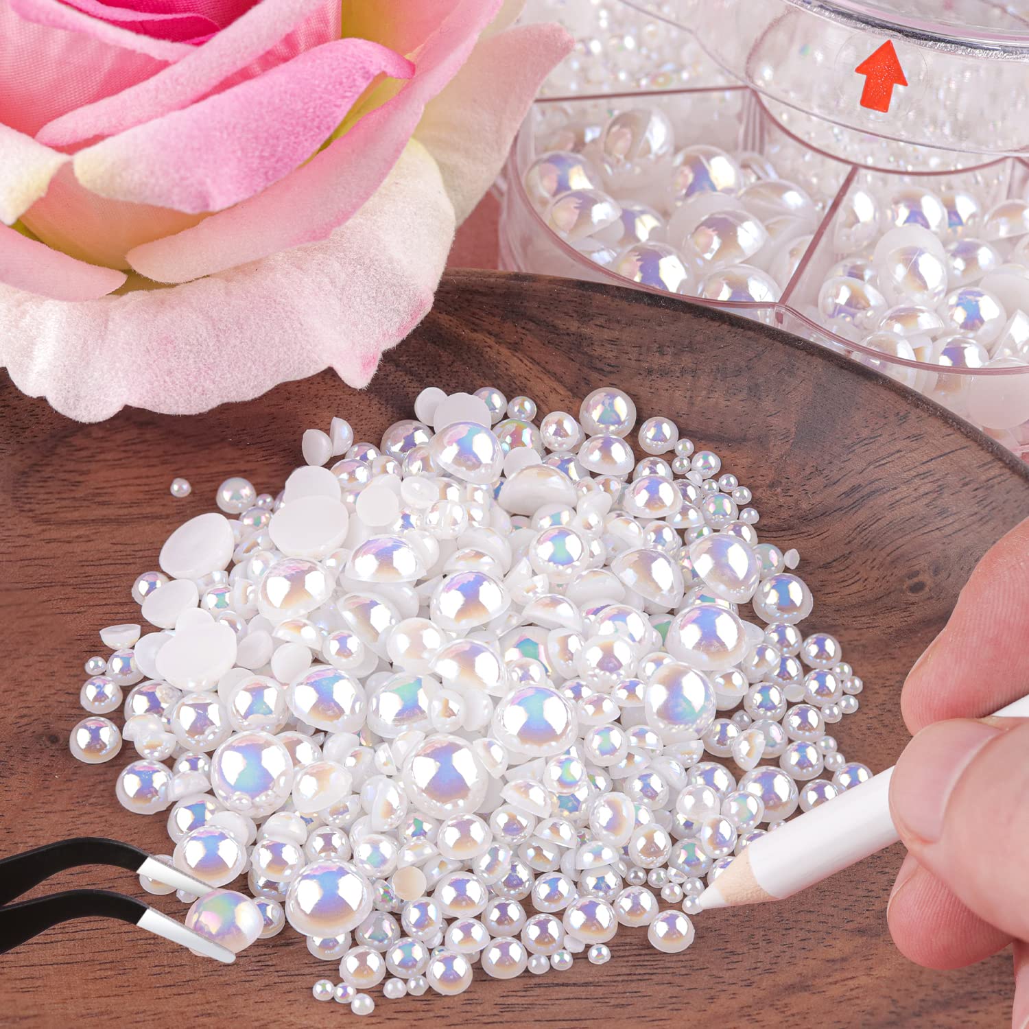 Nail Art Flat Back Half Round Pearl Kits 11, 1 Box of 5600 Pcs Flat-Back gold Pearl with Tweezer and Picker Pencil for Home DIY