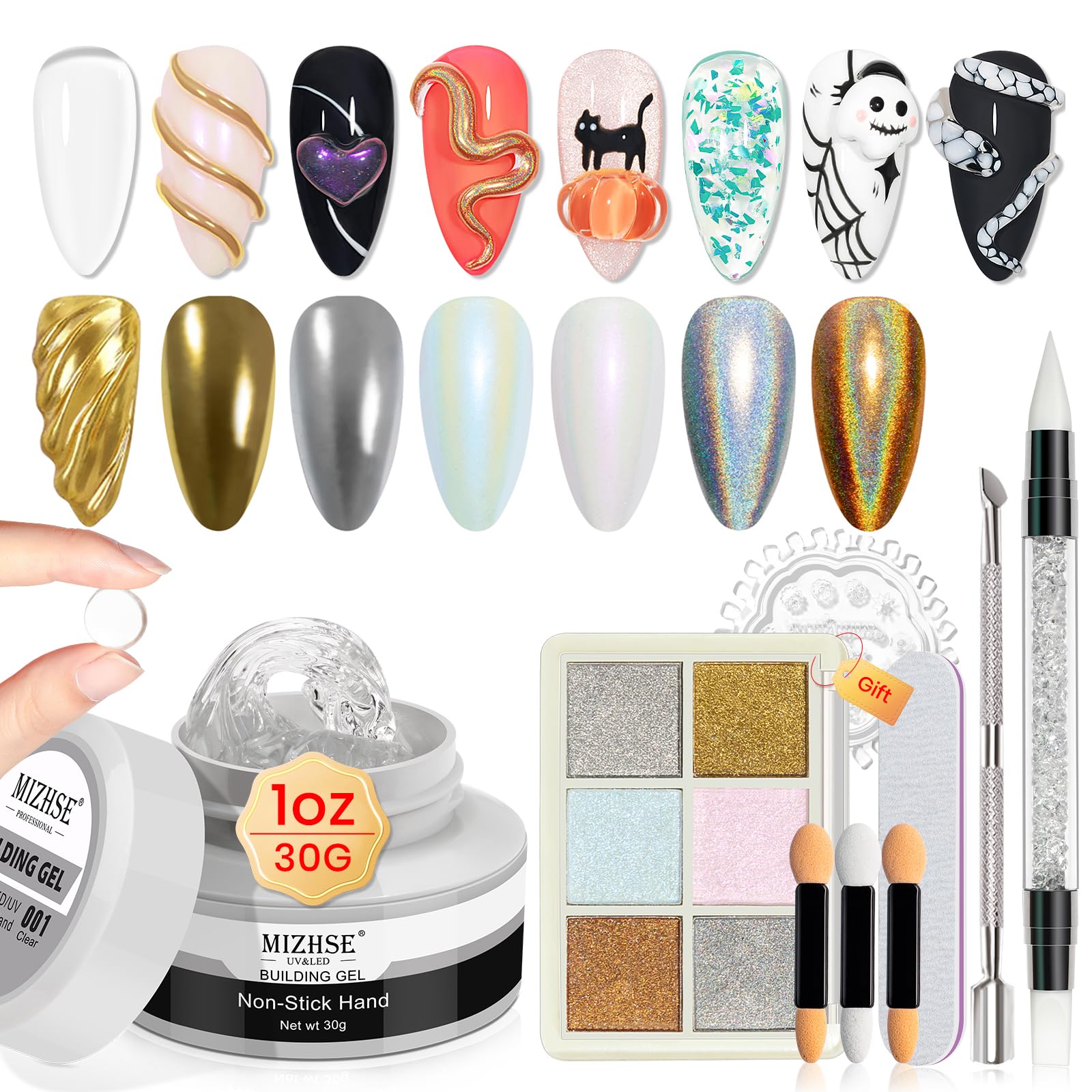 MIZHSE Solid Builder Gel - 1 oz Clear Non Stick Hand Hard Gel with 6 Colors Chrome Nail Powder Nail Form Nail Extension Kit for 