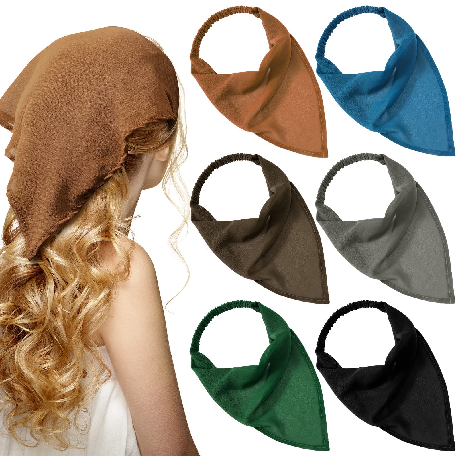 Syhood 6 Pcs Floral Elastic Hair Bandanas Boho Scarf Headband Chiffon Head Kerchief Turban with Hair Clips for Women(Pure Color 