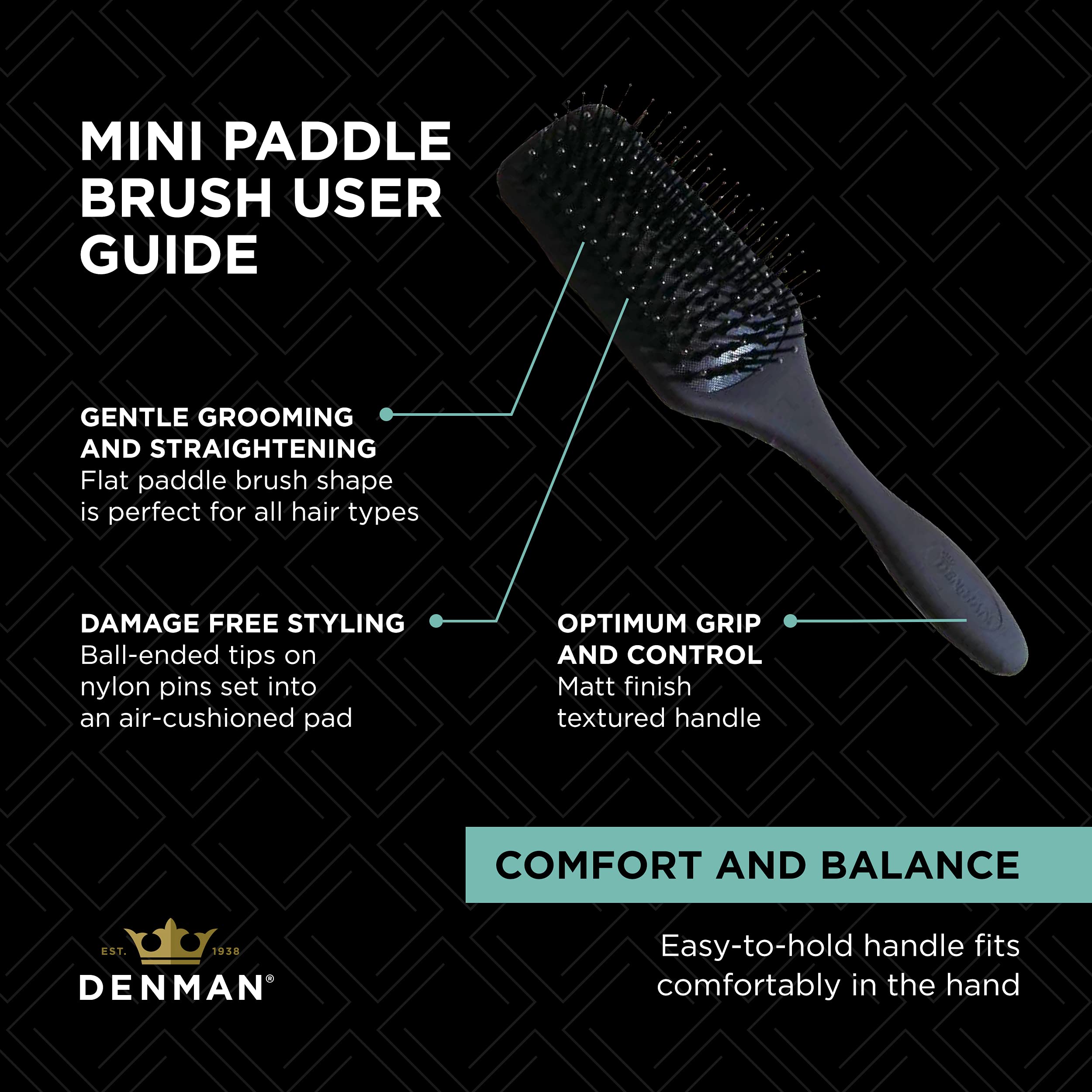Denman (Black) Mini Paddle Cushion Hair Brush for Blow Drying, Detangling & On the Go Travel - Comfortable Styling, Straightenin