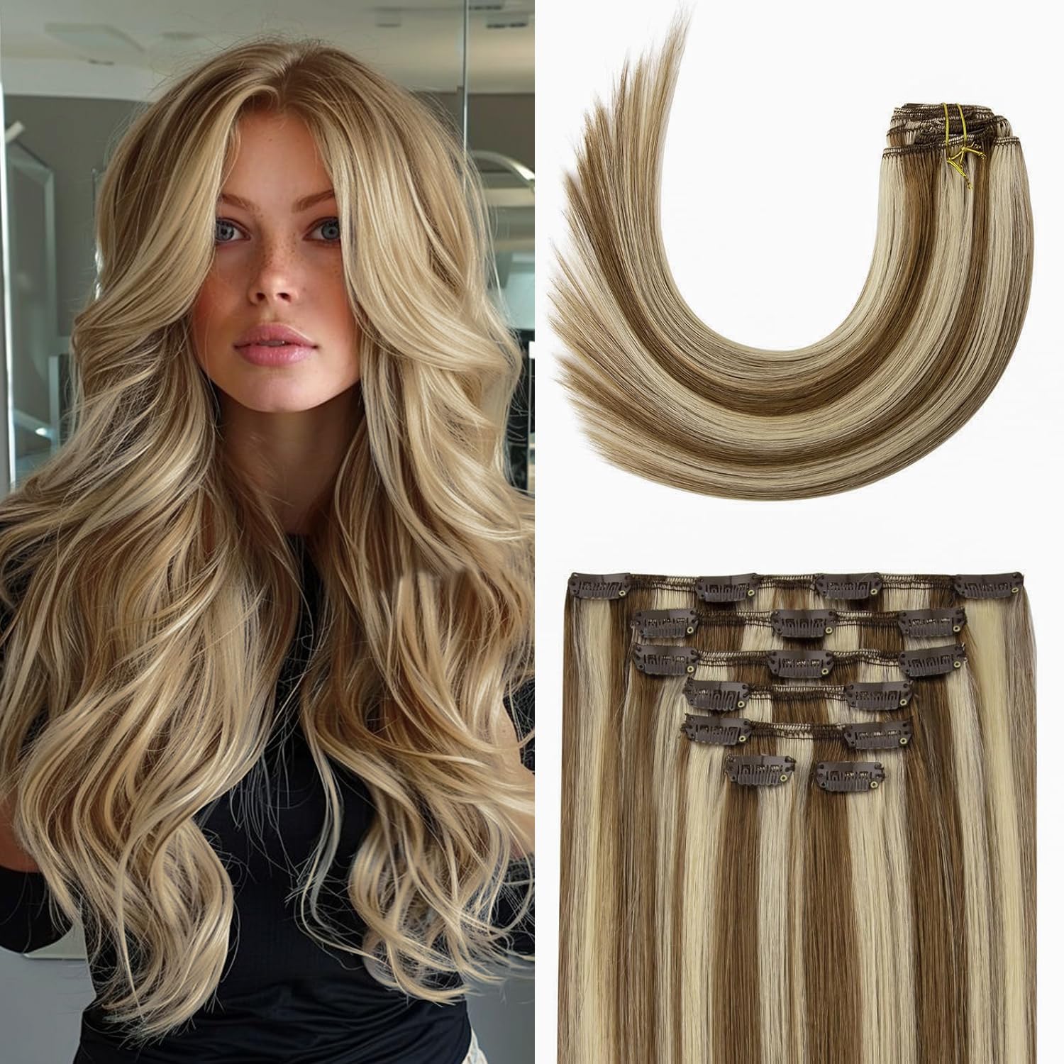 Aison Clip in Hair Extensions 70G Light Brown to Blonde Highlights 100% Remy Human Hair Extensions 7A Soft Silky Straight 7pcs 1
