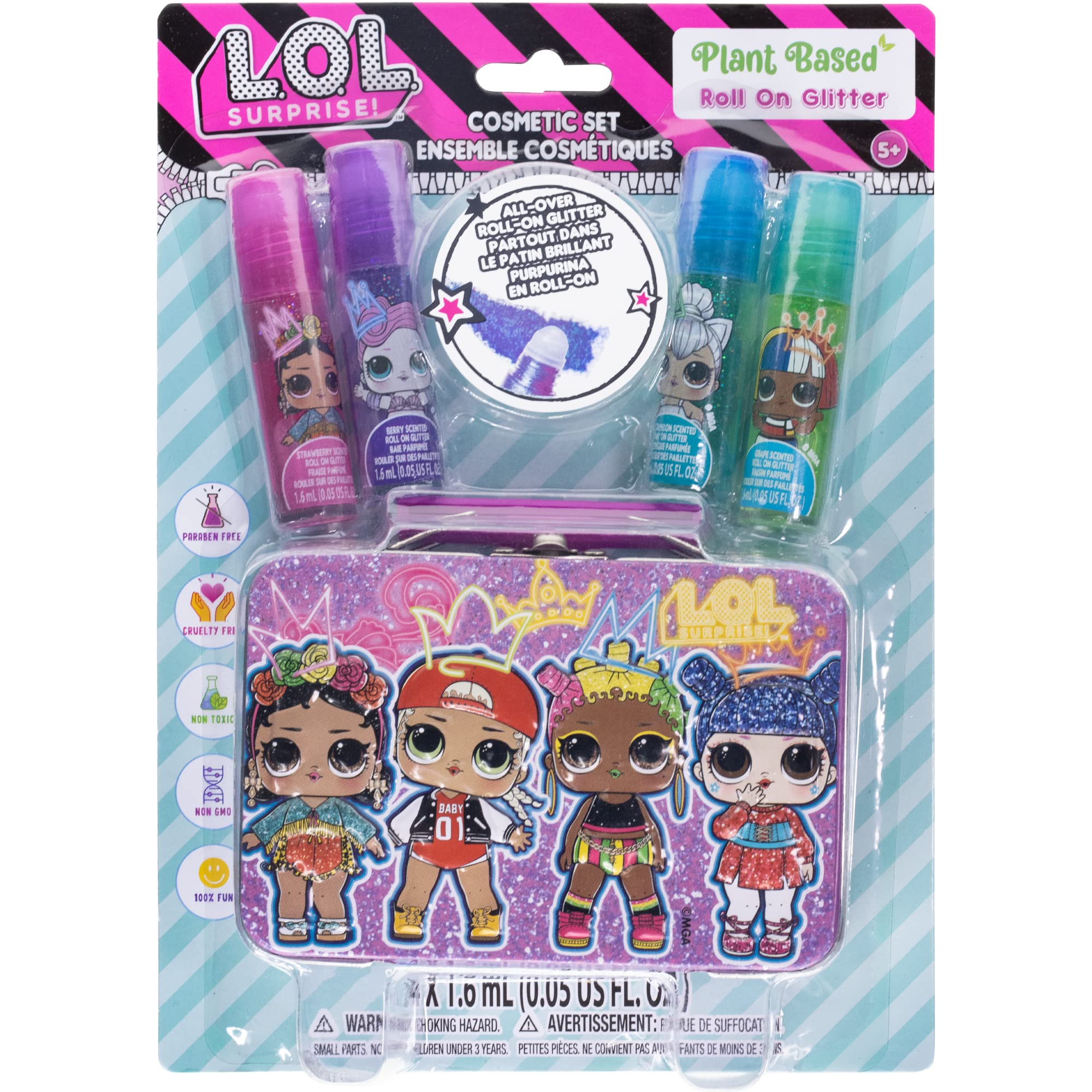 L.O.L Surprise! Townley Girl Plant-Based Flavoured 4 Pk All Over Roll-On Glitter with Tin Makeup Set for Kids and Girls, Ages 5+