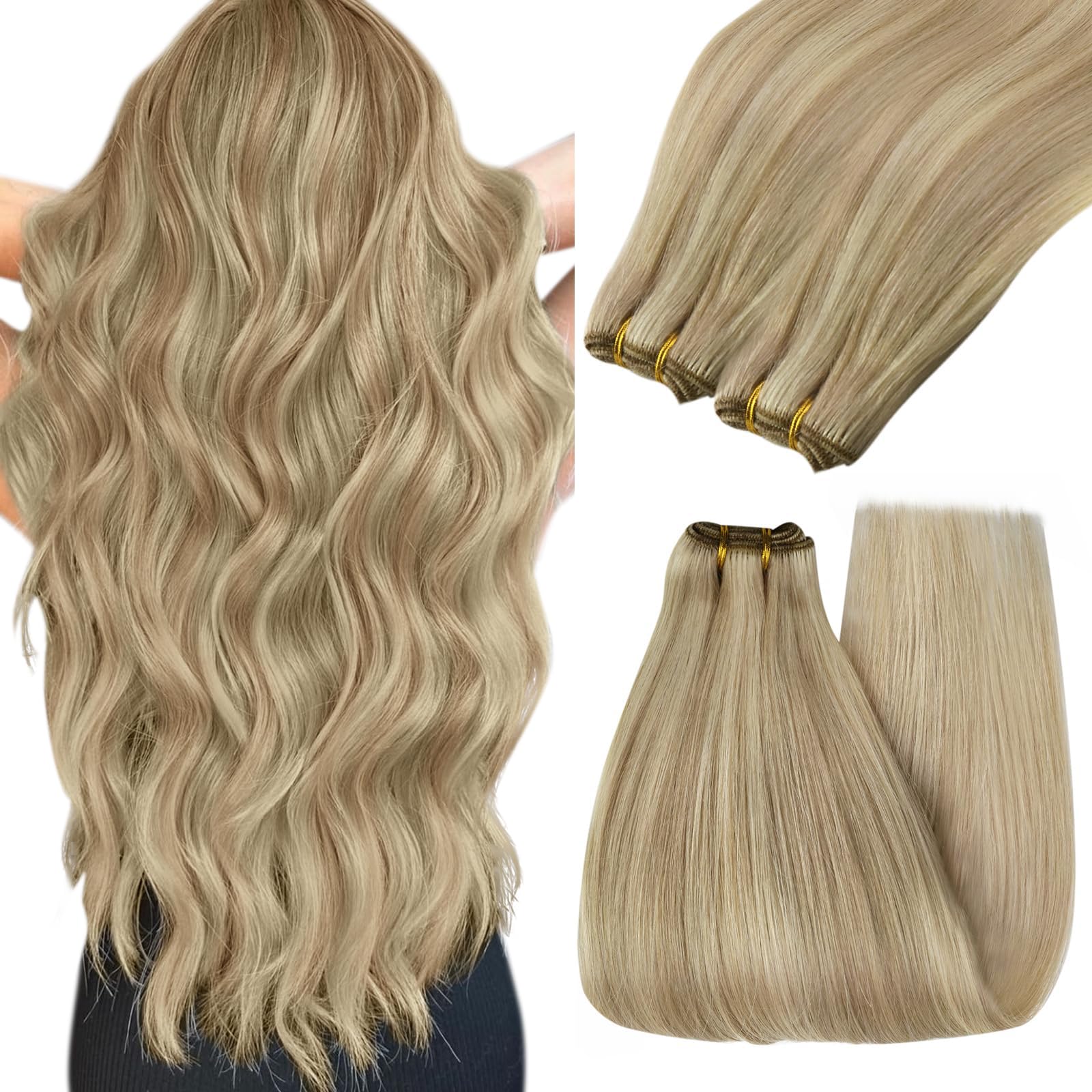 YoungSee Weft Hair Extensions Highlight Weft Hair Extensions Human Hair Dark Ash Blonde Highlighted Light Blonde Sew in Hair Ext