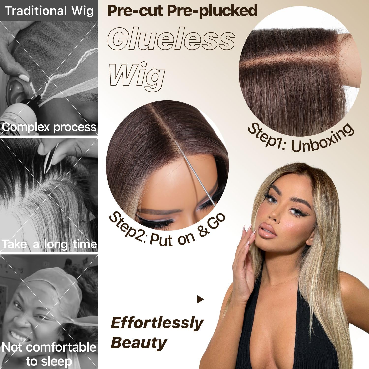 BrownBomb Ombre Blonde Wear and Go Glueless Wigs Pre Plucked Pre Cut for Beginners Synthetic Lace Front Wigs With Bangs Blonde L