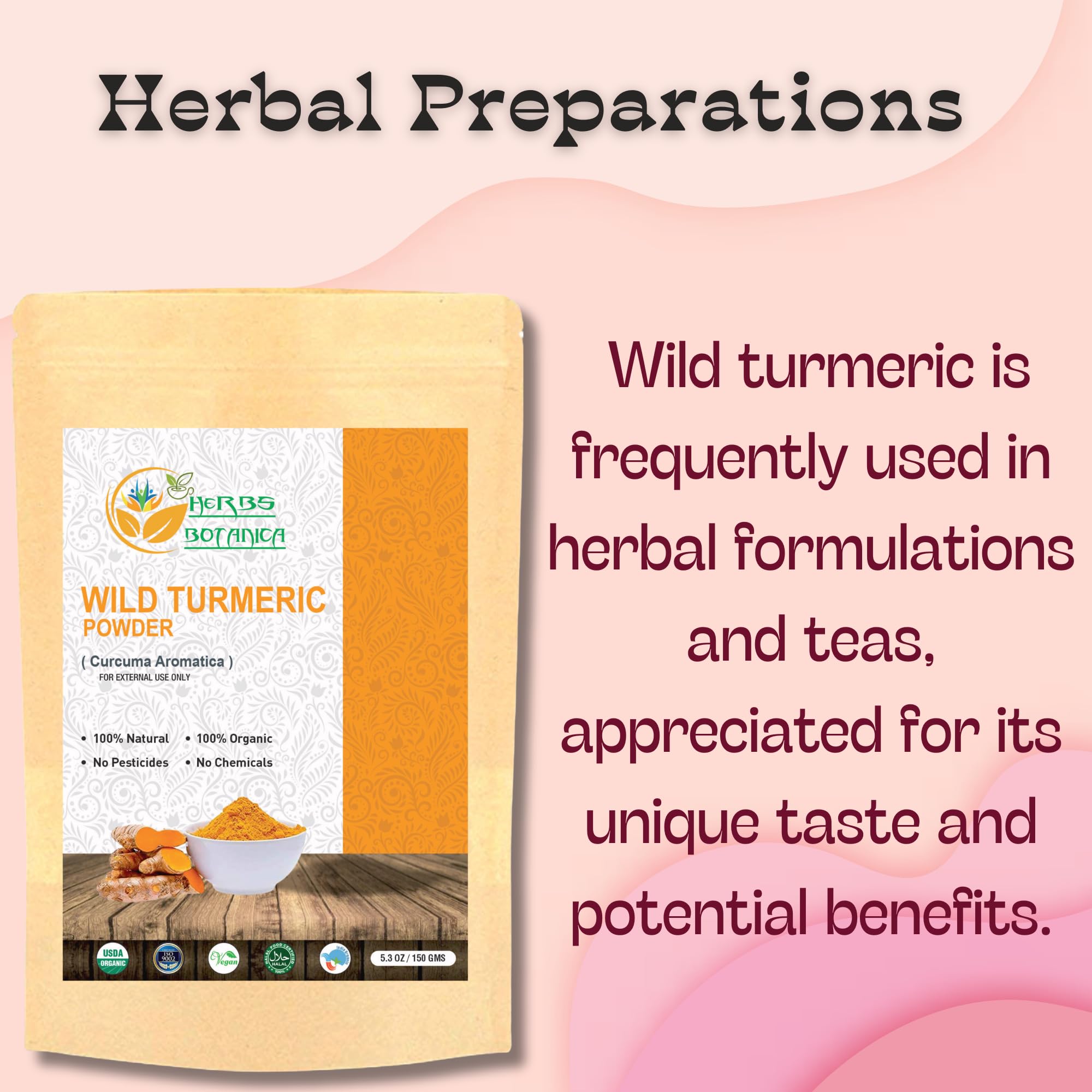 Herbs Botanica Wild Turmeric Powder Exfoliator| Amba Haldi Powder | Kasturi Manjal | Kasturi Turmeric150 Gms / 5.30 Oz